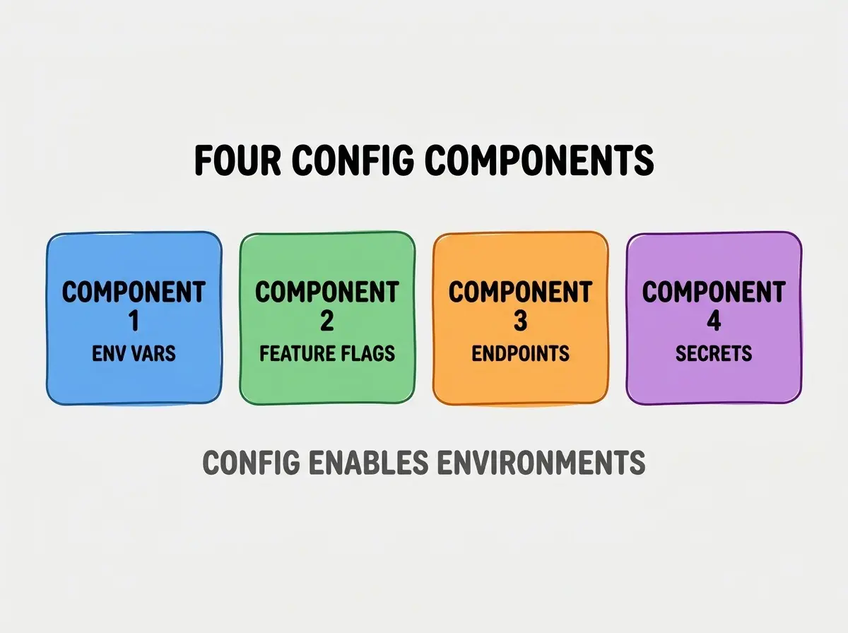 Clean modern flat infographic on light gray background. Top center bold black title text: FOUR CONFIG COMPONENTS. Below title, four equal sized colored rounded rectangle cards arranged horizontally. Card 1 blue: large bold text COMPONENT 1 then smaller text ENV VARS. Card 2 green: large bold text COMPONENT 2 then smaller text FEATURE FLAGS. Card 3 orange: large bold text COMPONENT 3 then smaller text ENDPOINTS. Card 4 purple: large bold text COMPONENT 4 then smaller text SECRETS. Single footer line below cards in dark gray text: CONFIG ENABLES ENVIRONMENTS. Nothing else on canvas. No text outside cards or below cards.