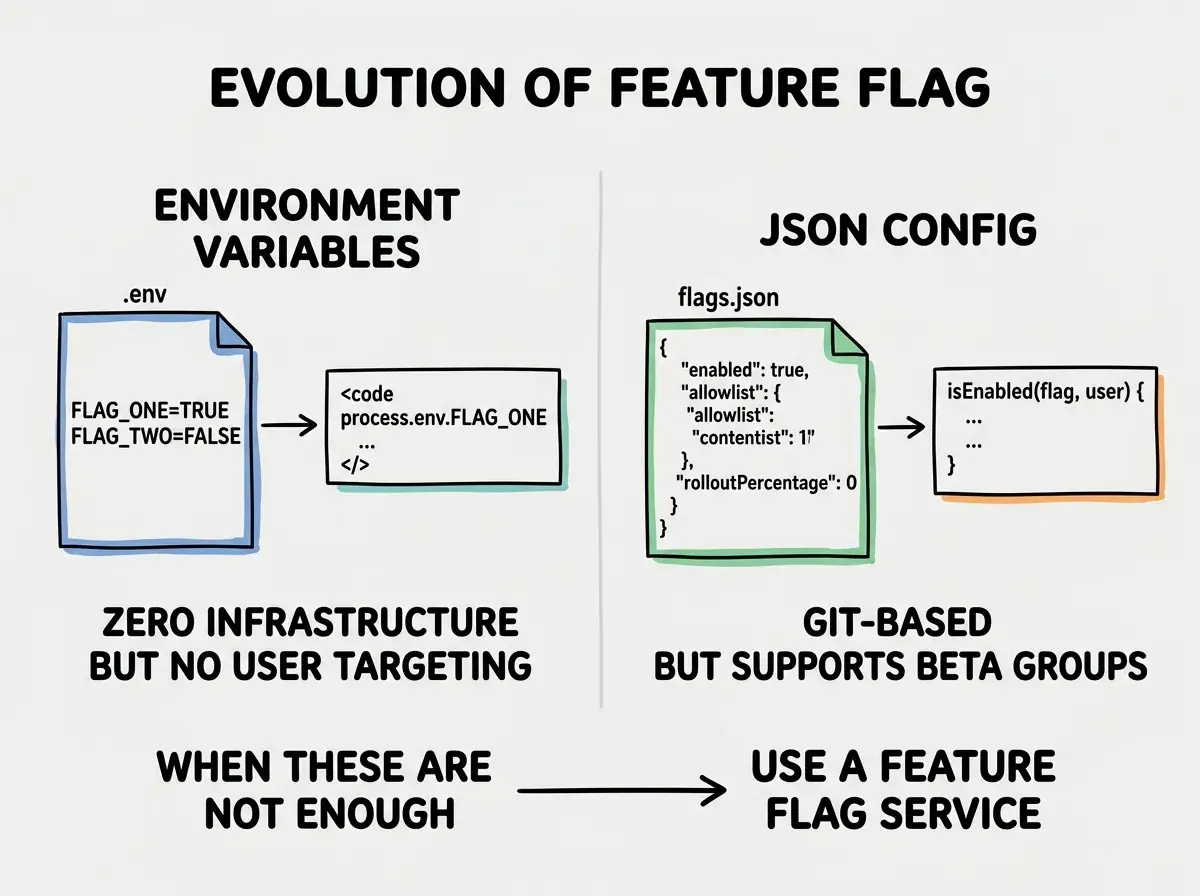 EXPLAINER DIAGRAM: A two-column comparison showing the evolution from simple to advanced feature flag implementations. Left column labeled ENVIRONMENT VARIABLES shows a .env file with three flags set to true or false, pointing to a code snippet calling process.env.FEATURE_NAME, with a label reading Zero Infrastructure but No User Targeting. Right column labeled JSON CONFIG shows a flags.json file with nested objects containing enabled boolean, allowlist array of user IDs, and rolloutPercentage number, pointing to an isEnabled function with userId parameter, with a label reading Git-Based Changes but Supports Beta Groups. An arrow at the bottom labeled WHEN THESE ARE NOT ENOUGH points right toward a box reading Use a Feature Flag Service.
