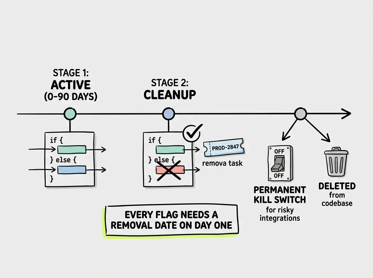 EXPLAINER DIAGRAM: A horizontal timeline showing the three lifecycle stages of a feature flag. Stage 1 labeled ACTIVE shows a code block with an if-else branch, both paths labeled MAINTAINED, with a clock icon showing 0 to 90 days. Stage 2 labeled CLEANUP shows the same code block but the else branch is crossed out and labeled DELETED, with a checkmark on the winning path and a ticket icon labeled PROD-2847. Stage 3 on the far right shows two options branching: one labeled PERMANENT KILL SWITCH with a toggle icon for risky integrations, and one labeled DELETED from codebase and service dashboard. An annotation at the bottom reads EVERY FLAG NEEDS A REMOVAL DATE ON DAY ONE.