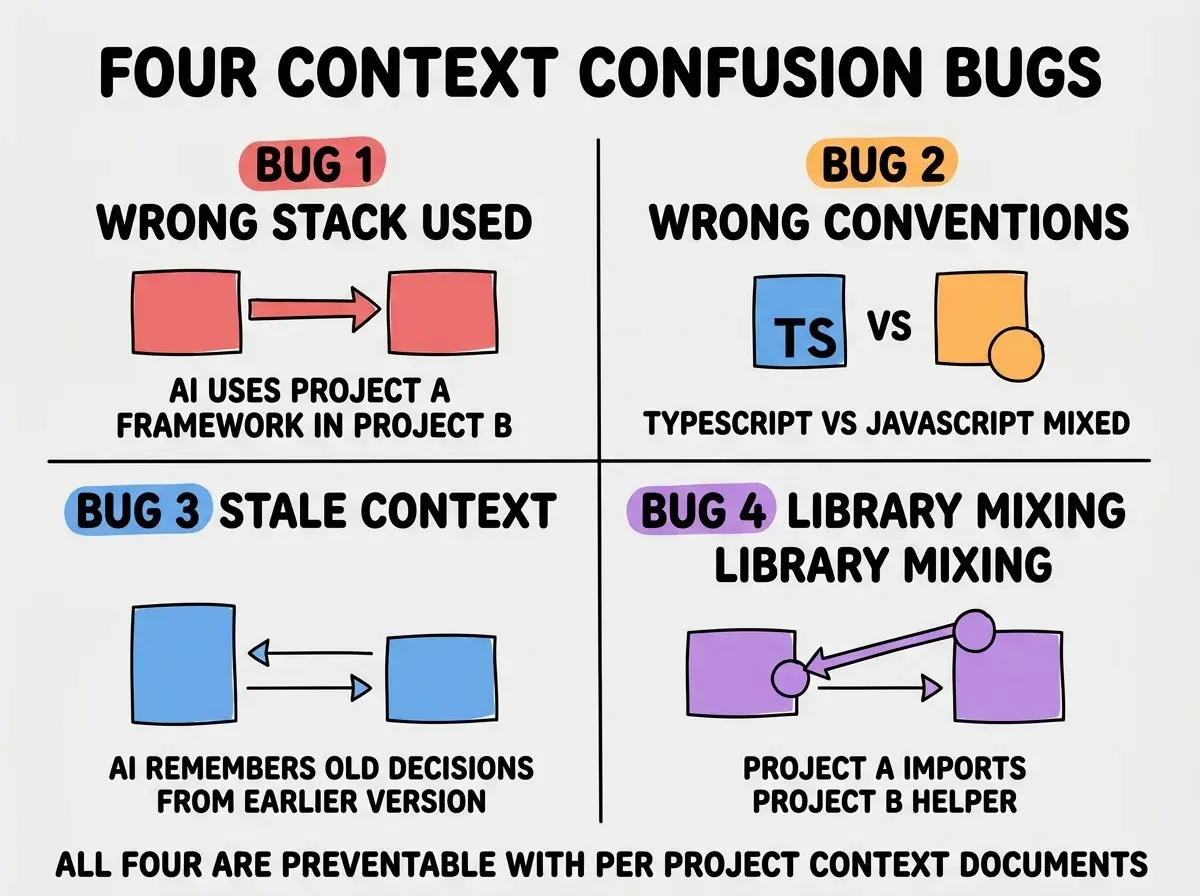EXPLAINER DIAGRAM titled FOUR CONTEXT CONFUSION BUGS shown as a 2x2 grid of quadrants on a slate background. Top left red BUG 1 WRONG STACK USED sublabel AI USES PROJECT A FRAMEWORK IN PROJECT B. Top right orange BUG 2 WRONG CONVENTIONS sublabel TYPESCRIPT VS JAVASCRIPT MIXED. Bottom left blue BUG 3 STALE CONTEXT sublabel AI REMEMBERS OLD DECISIONS FROM EARLIER VERSION. Bottom right purple BUG 4 LIBRARY MIXING sublabel PROJECT A IMPORTS PROJECT B HELPER. Footer reads ALL FOUR ARE PREVENTABLE WITH PER PROJECT CONTEXT DOCUMENTS.