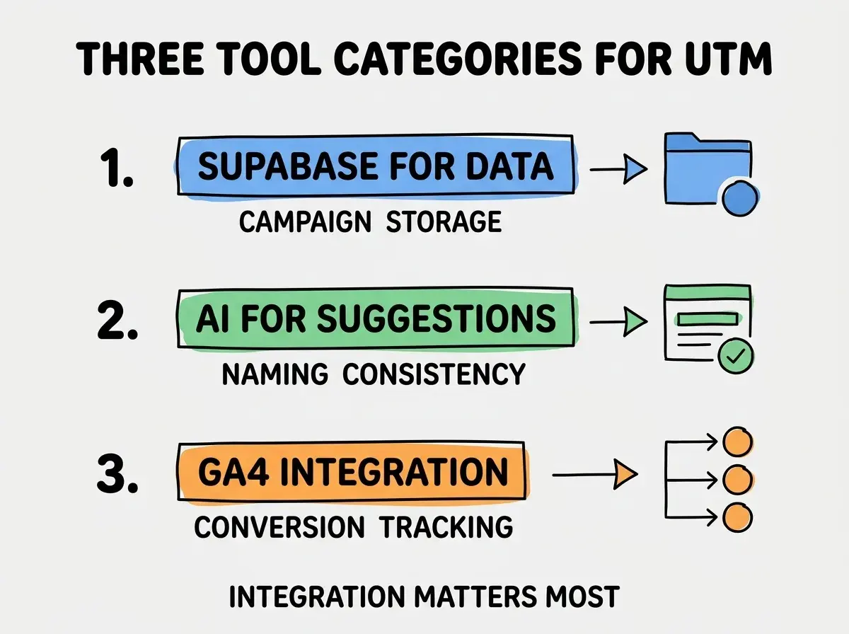 EXPLAINER DIAGRAM titled THREE TOOL CATEGORIES FOR UTM shown as a vertical numbered list on a slate background. Three rows. Row 1 blue badge SUPABASE FOR DATA sublabel CAMPAIGN STORAGE. Row 2 green badge AI FOR SUGGESTIONS sublabel NAMING CONSISTENCY. Row 3 orange badge GA4 INTEGRATION sublabel CONVERSION TRACKING. Footer reads INTEGRATION MATTERS MOST. CRITICAL: each label appears only ONCE.