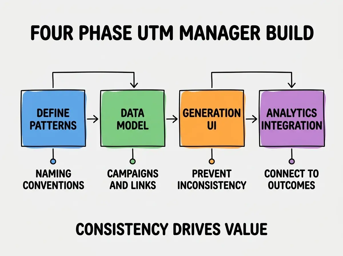EXPLAINER DIAGRAM titled FOUR PHASE UTM MANAGER BUILD shown as a horizontal four-stage pipeline on a slate background. Stage 1 colored blue DEFINE PATTERNS sublabel NAMING CONVENTIONS. Stage 2 colored green DATA MODEL sublabel CAMPAIGNS AND LINKS. Stage 3 colored orange GENERATION UI sublabel PREVENT INCONSISTENCY. Stage 4 colored purple ANALYTICS INTEGRATION sublabel CONNECT TO OUTCOMES. Footer reads CONSISTENCY DRIVES VALUE.