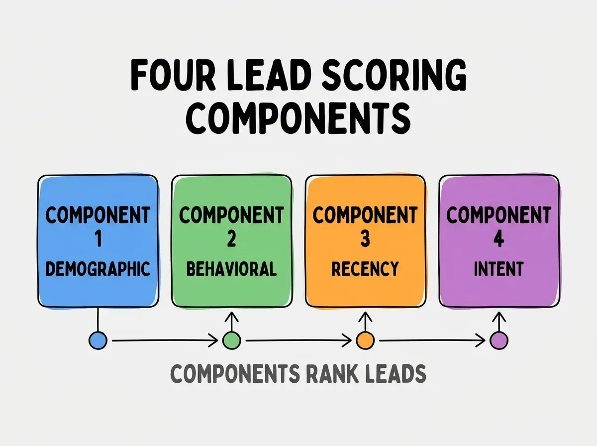 Clean modern flat infographic on light gray background. Top center bold black title text: FOUR LEAD SCORING COMPONENTS. Below title, four equal sized colored rounded rectangle cards arranged horizontally. Card 1 blue: large bold text COMPONENT 1 then smaller text DEMOGRAPHIC. Card 2 green: large bold text COMPONENT 2 then smaller text BEHAVIORAL. Card 3 orange: large bold text COMPONENT 3 then smaller text RECENCY. Card 4 purple: large bold text COMPONENT 4 then smaller text INTENT. Single footer line below cards in dark gray text: COMPONENTS RANK LEADS. Nothing else on canvas. No text outside cards or below cards.