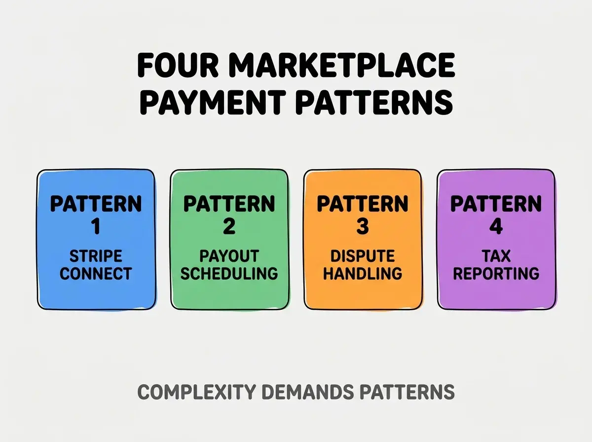 Clean modern flat infographic on light gray background. Top center bold black title text: FOUR MARKETPLACE PAYMENT PATTERNS. Below title, four equal sized colored rounded rectangle cards arranged horizontally. Card 1 blue: large bold text PATTERN 1 then smaller text STRIPE CONNECT. Card 2 green: large bold text PATTERN 2 then smaller text PAYOUT SCHEDULING. Card 3 orange: large bold text PATTERN 3 then smaller text DISPUTE HANDLING. Card 4 purple: large bold text PATTERN 4 then smaller text TAX REPORTING. Single footer line below cards in dark gray text: COMPLEXITY DEMANDS PATTERNS. Nothing else on canvas. No text outside cards or below cards.
