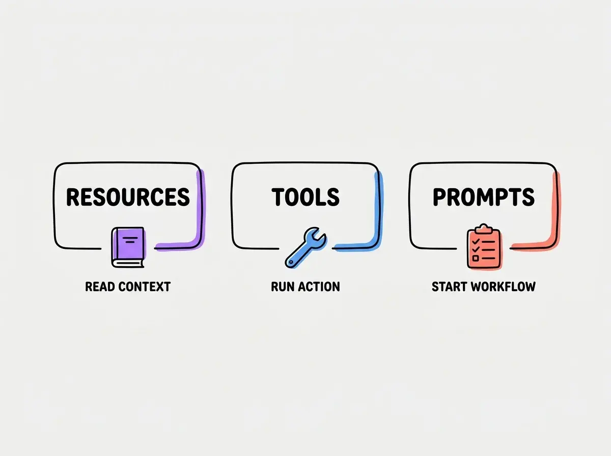 EXPLAINER DIAGRAM: Three separate unconnected rounded boxes. No arrows between them. Boxes labeled RESOURCES, TOOLS, and PROMPTS. Beneath each show a simple book, wrench, and checklist icon. One small label under each reads READ CONTEXT, RUN ACTION, and START WORKFLOW. Violet, blue, and coral accents on light gray.
