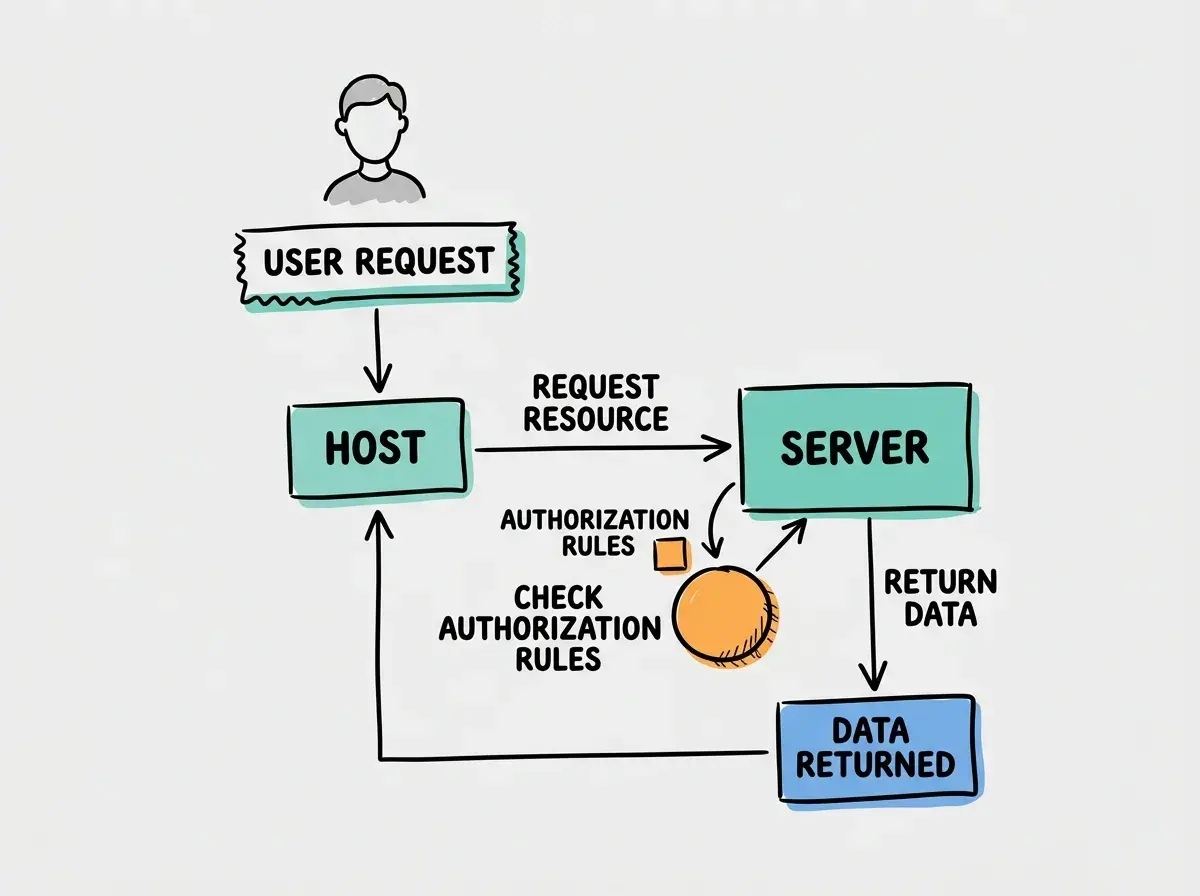 EXPLAINER DIAGRAM: A flowchart showing a user request going to the Host, the Host asking the Server for a resource, the Server checking authorization rules, and then returning the data.