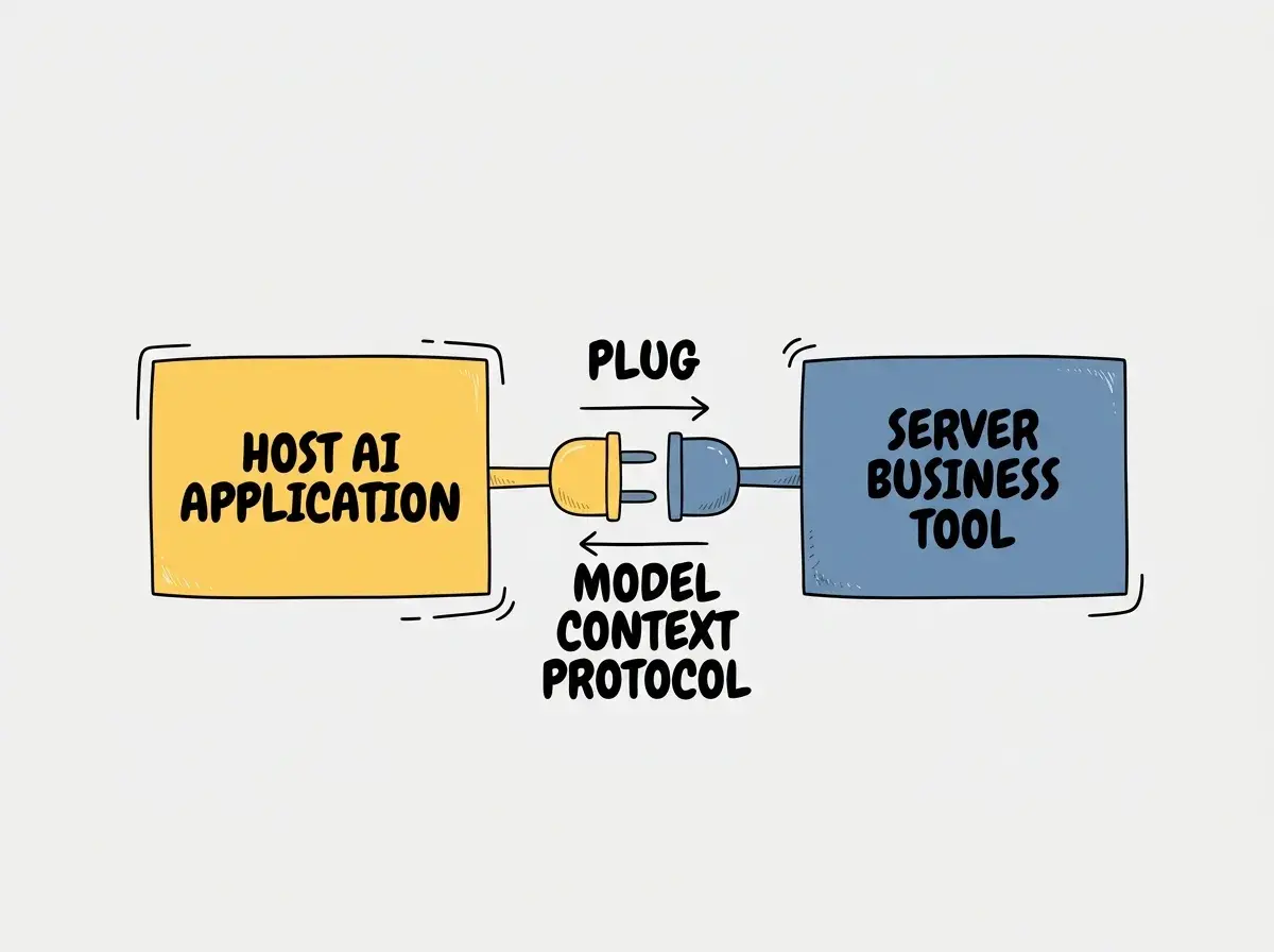 EXPLAINER DIAGRAM: Two boxes representing the Host AI Application and the Server Business Tool, connected by a standard plug interface labeled Model Context Protocol.