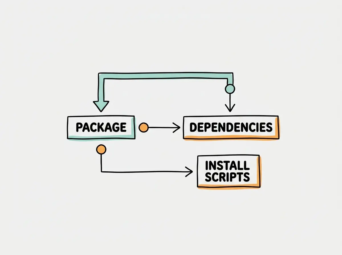 Simple conceptual diagram with separate boxes labeled PACKAGE, DEPENDENCIES, INSTALL SCRIPTS. Use exactly these labels and no other text. No statistics, numbers, code, or rankings.
