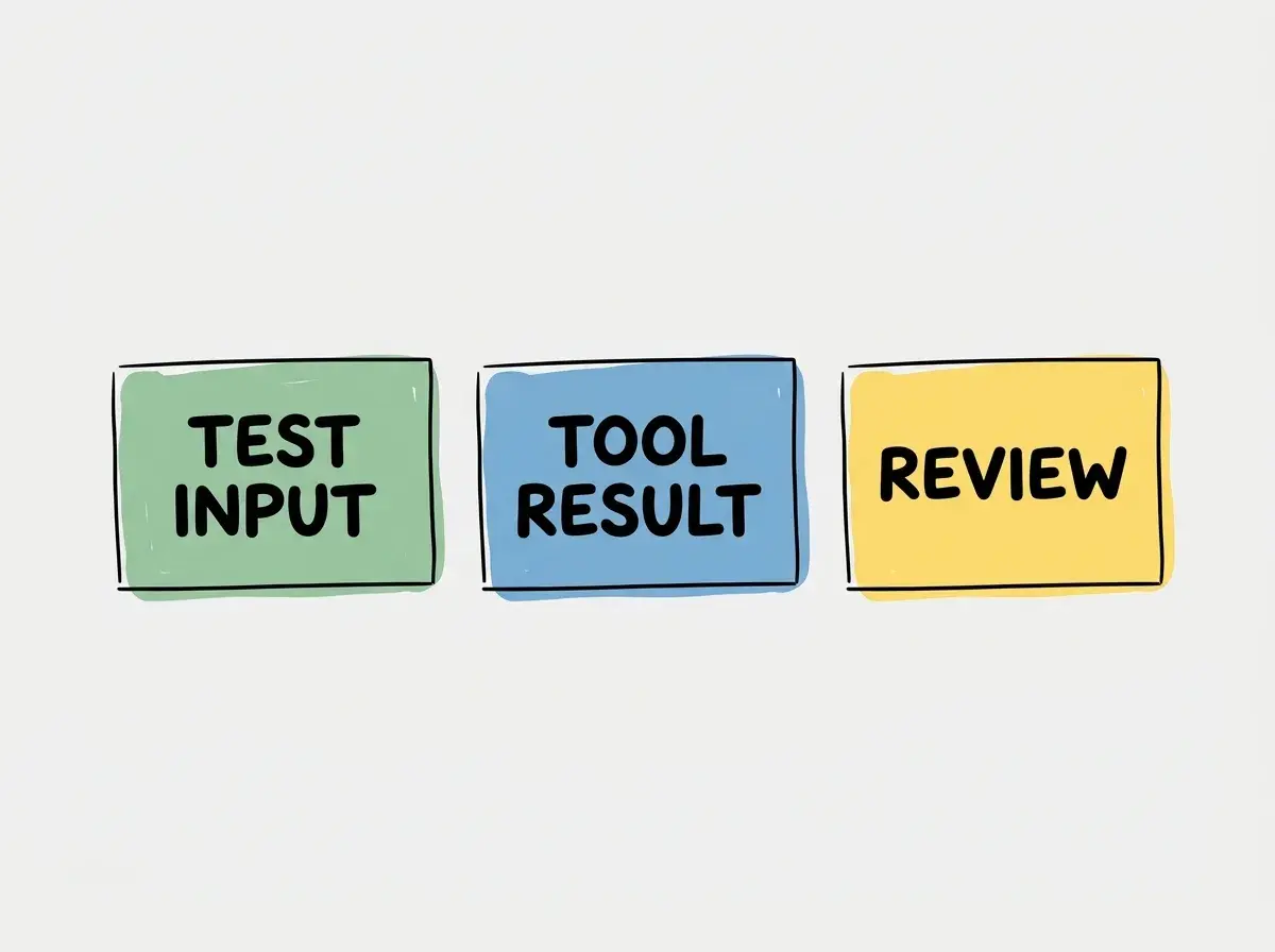 Three separate flat cards with only the text TEST INPUT, TOOL RESULT, REVIEW. These are software testing concepts. Absolutely no other text, subtitles, bullet points, mechanical equipment, arrows, or diagrams.