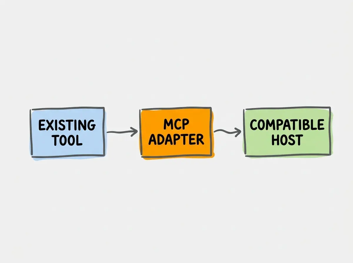 Three connected boxes labeled EXISTING TOOL, MCP ADAPTER, COMPATIBLE HOST. No other text.