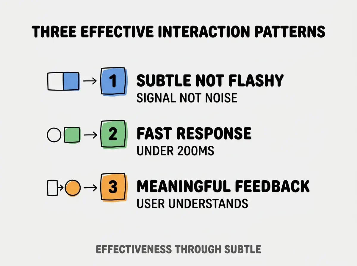 Clean modern flat infographic on light gray background. Top title bold black: THREE EFFECTIVE INTERACTION PATTERNS. Single vertical numbered list with three rows. Row 1 blue badge SUBTLE NOT FLASHY with subtitle SIGNAL NOT NOISE. Row 2 green badge FAST RESPONSE with subtitle UNDER 200MS. Row 3 orange badge MEANINGFUL FEEDBACK with subtitle USER UNDERSTANDS. Footer text dark gray: EFFECTIVENESS THROUGH SUBTLE. Each label appears exactly once. No duplicated text.
