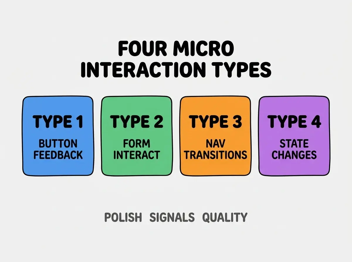 Clean modern flat infographic on light gray background. Top center bold black title text: FOUR MICRO INTERACTION TYPES. Below title, four equal sized colored rounded rectangle cards arranged horizontally. Card 1 blue: large bold text TYPE 1 then smaller text BUTTON FEEDBACK. Card 2 green: large bold text TYPE 2 then smaller text FORM INTERACT. Card 3 orange: large bold text TYPE 3 then smaller text NAV TRANSITIONS. Card 4 purple: large bold text TYPE 4 then smaller text STATE CHANGES. Single footer line below cards in dark gray text: POLISH SIGNALS QUALITY. Nothing else on canvas. No text outside cards or below cards.