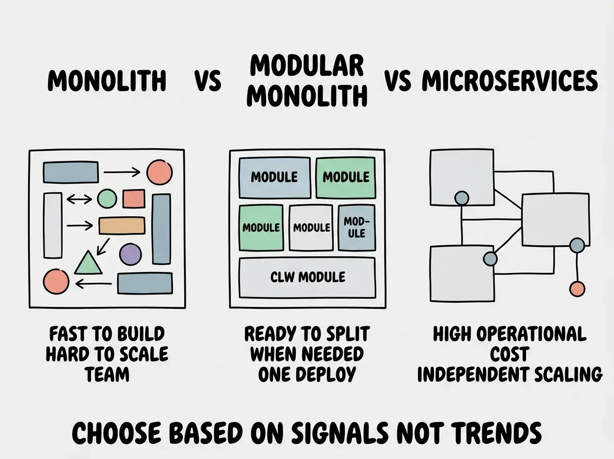 EXPLAINER DIAGRAM titled MONOLITH VS MODULAR MONOLITH VS MICROSERVICES shown as three side by side panels on a slate background. Left panel labeled MONOLITH shows one large rectangle filled with mixed shapes, sublabel FAST TO BUILD HARD TO SCALE TEAM. Middle panel labeled MODULAR MONOLITH shows the same rectangle subdivided into clean modules with labels, sublabel READY TO SPLIT WHEN NEEDED ONE DEPLOY. Right panel labeled MICROSERVICES shows three separate rectangles connected by network lines, sublabel HIGH OPERATIONAL COST INDEPENDENT SCALING. A footer reads CHOOSE BASED ON SIGNALS NOT TRENDS. Side annotation labeled SOLO SAAS POINTS TO MIDDLE PANEL.