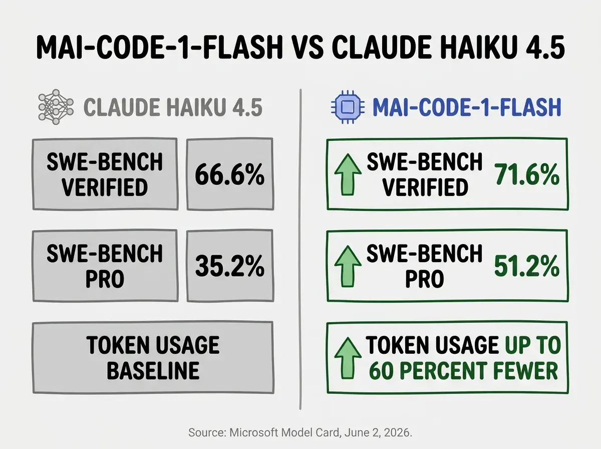 EXPLAINER DIAGRAM: Two-panel horizontal comparison on light gray background. Left panel labeled CLAUDE HAIKU 4.5 in medium gray with a neural network icon, contains three stacked rows in gray boxes: SWE-BENCH VERIFIED 66.6%, SWE-BENCH PRO 35.2%, TOKEN USAGE BASELINE. Right panel labeled MAI-CODE-1-FLASH in royal blue with a hexagonal chip icon, contains three stacked rows with green upward arrows: SWE-BENCH VERIFIED 71.6% in dark green, SWE-BENCH PRO 51.2% in dark green, TOKEN USAGE UP TO 60 PERCENT FEWER in dark green. Bold black header at top reads MAI-CODE-1-FLASH VS CLAUDE HAIKU 4.5. Small gray footnote at bottom reads Source: Microsoft Model Card, June 2, 2026. Border between panels is a thin vertical line in mid-gray.