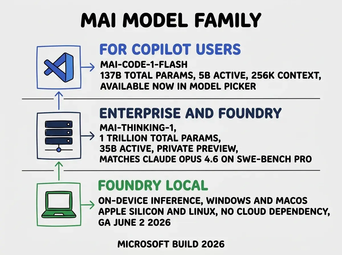 EXPLAINER DIAGRAM: Three-tier vertical stack on light gray background labeled MAI MODEL FAMILY in bold black at top. Top tier labeled FOR COPILOT USERS in royal blue with a VS Code icon: MAI-CODE-1-FLASH, 137B TOTAL PARAMS, 5B ACTIVE, 256K CONTEXT, AVAILABLE NOW IN MODEL PICKER. Middle tier labeled ENTERPRISE AND FOUNDRY in dark navy with a server rack icon: MAI-THINKING-1, 1 TRILLION TOTAL PARAMS, 35B ACTIVE, PRIVATE PREVIEW, MATCHES CLAUDE OPUS 4.6 ON SWE-BENCH PRO. Bottom tier labeled FOUNDRY LOCAL in green with a laptop icon: ON-DEVICE INFERENCE, WINDOWS AND MACOS APPLE SILICON AND LINUX, NO CLOUD DEPENDENCY, GA JUNE 2 2026. Thin horizontal lines separate each tier. Footer reads MICROSOFT BUILD 2026.