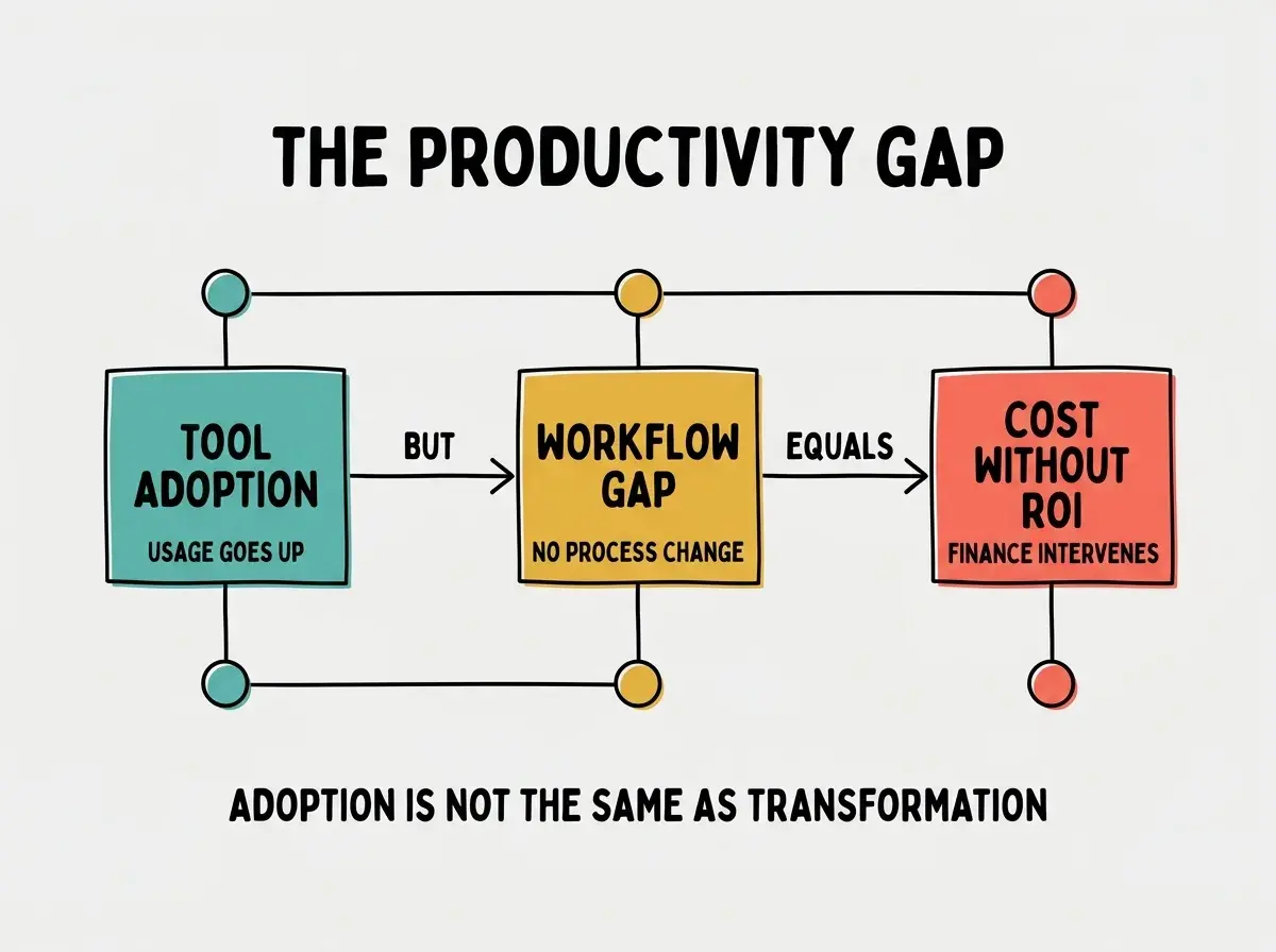 EXPLAINER DIAGRAM: Three-stage horizontal flow on light gray background. Stage 1 box in teal labeled TOOL ADOPTION with sublabel USAGE GOES UP. Arrow labeled BUT pointing to Stage 2 box in golden yellow labeled WORKFLOW GAP with sublabel NO PROCESS CHANGE. Arrow labeled EQUALS pointing to Stage 3 box in coral red labeled COST WITHOUT ROI with sublabel FINANCE INTERVENES. Above the three boxes, centered bold black header text reads THE PRODUCTIVITY GAP. Footer text reads ADOPTION IS NOT THE SAME AS TRANSFORMATION.