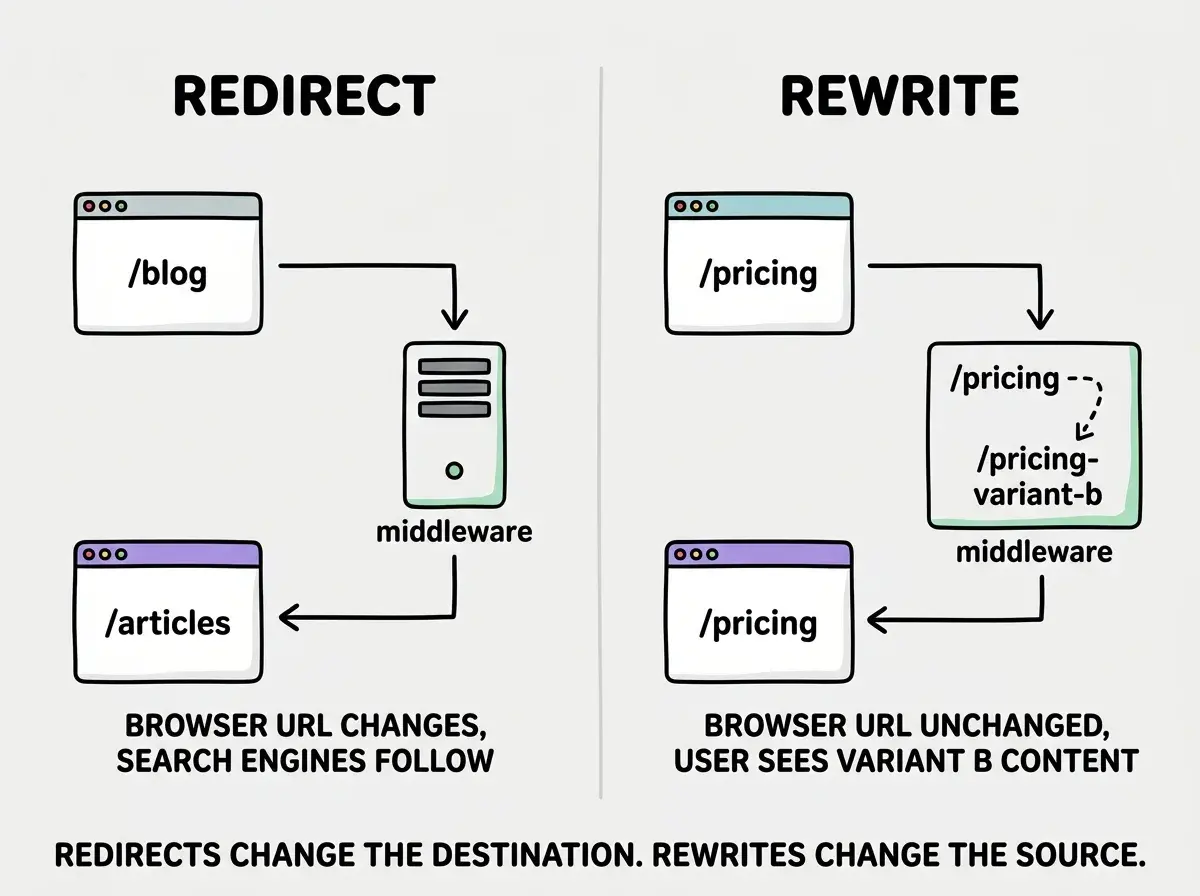 EXPLAINER DIAGRAM: A split-panel comparison. Left panel labeled REDIRECT shows a browser with URL /blog, an arrow pointing to the server labeled middleware, then an arrow pointing back to the browser now showing URL /articles with text 'browser URL changes, search engines follow.' Right panel labeled REWRITE shows a browser with URL /pricing, an arrow to the server labeled middleware, then a dashed internal arrow from /pricing to /pricing-variant-b inside the server, then an arrow back to the browser still showing /pricing with text 'browser URL unchanged, user sees variant B content.' Footer reads: Redirects change the destination. Rewrites change the source.