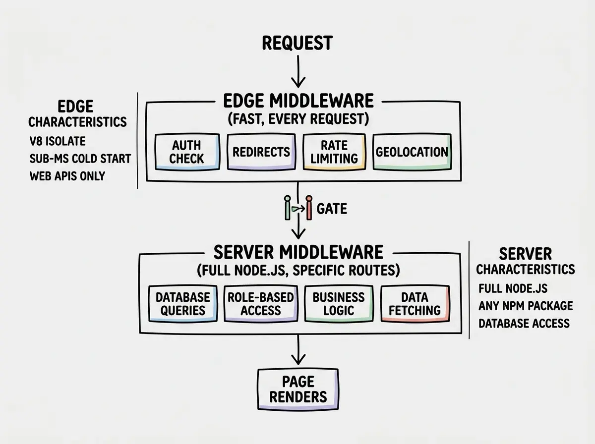 EXPLAINER DIAGRAM: A vertical flow diagram showing a request moving through two layers. Top layer labeled EDGE MIDDLEWARE (fast, every request) contains four boxes in a horizontal row: Auth Check, Redirects, Rate Limiting, Geolocation. An arrow flows down from this layer through a gate icon. Bottom layer labeled SERVER MIDDLEWARE (full Node.js, specific routes) contains four boxes: Database Queries, Role-Based Access, Business Logic, Data Fetching. Below both layers, a final arrow points to a box labeled PAGE RENDERS. Left sidebar shows Edge characteristics: V8 isolate, sub-ms cold start, Web APIs only. Right sidebar shows Server characteristics: Full Node.js, any npm package, database access.