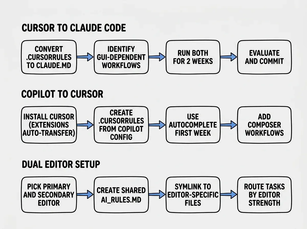 EXPLAINER DIAGRAM: A flowchart with three horizontal swim lanes labeled CURSOR TO CLAUDE CODE, COPILOT TO CURSOR, and DUAL EDITOR SETUP. Each lane has four rounded rectangle steps connected by arrows. Lane one shows Convert .cursorrules to CLAUDE.md, then Identify GUI-dependent workflows, then Run both for 2 weeks, then Evaluate and commit. Lane two shows Install Cursor (extensions auto-transfer), then Create .cursorrules from Copilot config, then Use autocomplete first week, then Add Composer workflows. Lane three shows Pick primary and secondary editor, then Create shared AI_RULES.md, then Symlink to editor-specific files, then Route tasks by editor strength. Blue arrows connect each step. Light gray background.