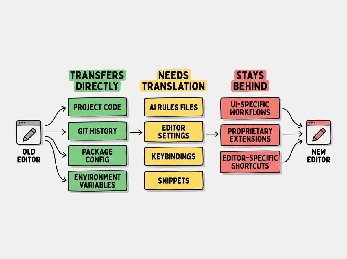EXPLAINER DIAGRAM: Three columns labeled TRANSFERS DIRECTLY, NEEDS TRANSLATION, and STAYS BEHIND. Under TRANSFERS DIRECTLY, green boxes list Project Code, Git History, Package Config, and Environment Variables. Under NEEDS TRANSLATION, yellow boxes list AI Rules Files, Editor Settings, Keybindings, and Snippets. Under STAYS BEHIND, red boxes list UI-Specific Workflows, Proprietary Extensions, and Editor-Specific Shortcuts. Arrows flow from old editor icon on left through the columns to new editor icon on right. White background with soft drop shadows on each box.