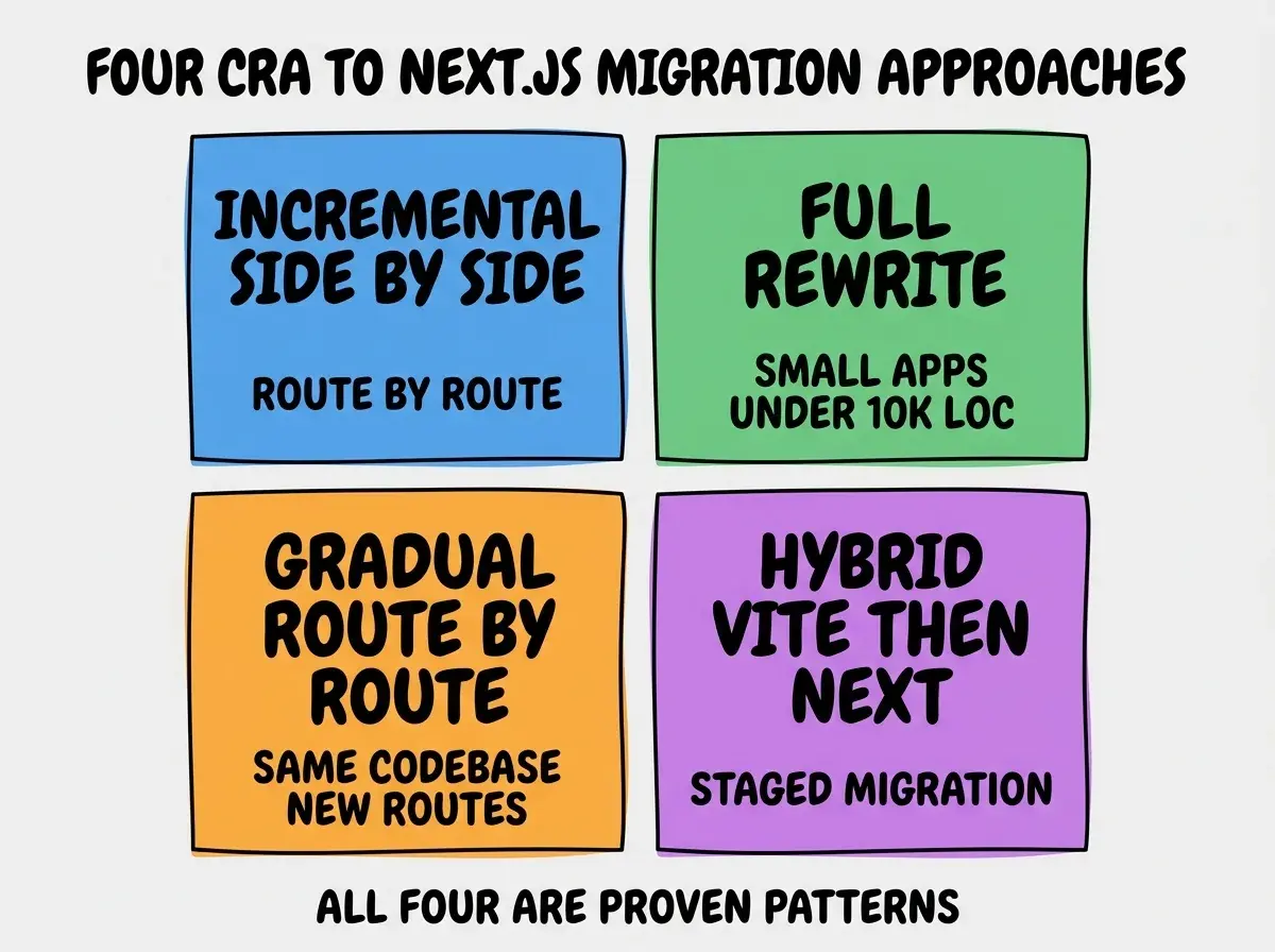 EXPLAINER DIAGRAM titled FOUR CRA TO NEXT JS MIGRATION APPROACHES shown as a 2x2 grid of quadrants on a slate background. Top left blue INCREMENTAL SIDE BY SIDE sublabel ROUTE BY ROUTE. Top right green FULL REWRITE sublabel SMALL APPS UNDER 10K LOC. Bottom left orange GRADUAL ROUTE BY ROUTE sublabel SAME CODEBASE NEW ROUTES. Bottom right purple HYBRID VITE THEN NEXT sublabel STAGED MIGRATION. Center label reads PICK BASED ON APP SIZE AND RISK TOLERANCE. Footer reads ALL FOUR ARE PROVEN PATTERNS.