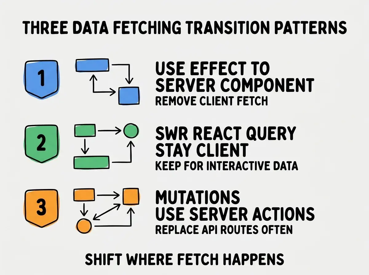EXPLAINER DIAGRAM titled THREE DATA FETCHING TRANSITION PATTERNS shown as a vertical numbered list on a slate background. Three rows. Row 1 blue badge USE EFFECT TO SERVER COMPONENT sublabel REMOVE CLIENT FETCH. Row 2 green badge SWR REACT QUERY STAY CLIENT sublabel KEEP FOR INTERACTIVE DATA. Row 3 orange badge MUTATIONS USE SERVER ACTIONS sublabel REPLACE API ROUTES OFTEN. Footer reads SHIFT WHERE FETCH HAPPENS.