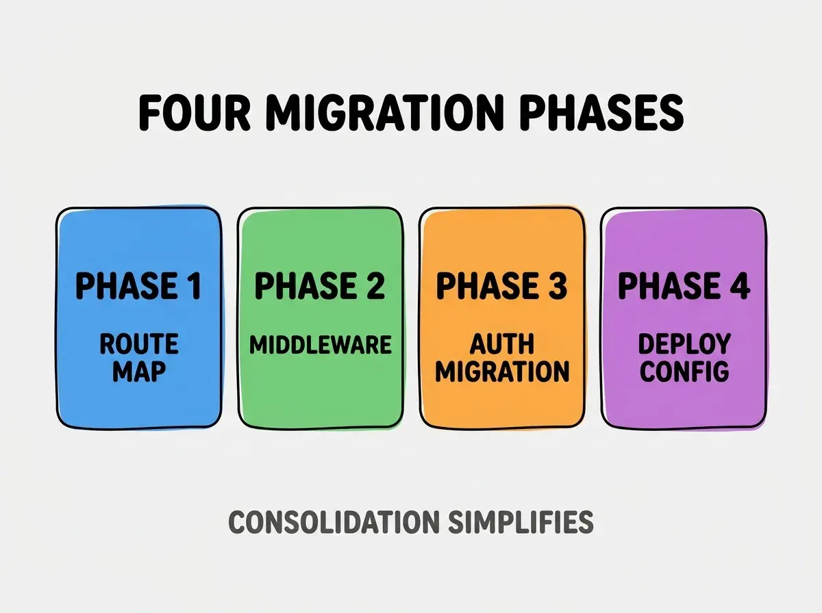 Clean modern flat infographic on light gray background. Top center bold black title text: FOUR MIGRATION PHASES. Below title, four equal sized colored rounded rectangle cards arranged horizontally. Card 1 blue: large bold text PHASE 1 then smaller text ROUTE MAP. Card 2 green: large bold text PHASE 2 then smaller text MIDDLEWARE. Card 3 orange: large bold text PHASE 3 then smaller text AUTH MIGRATION. Card 4 purple: large bold text PHASE 4 then smaller text DEPLOY CONFIG. Single footer line below cards in dark gray text: CONSOLIDATION SIMPLIFIES. Nothing else on canvas. No text outside cards or below cards.