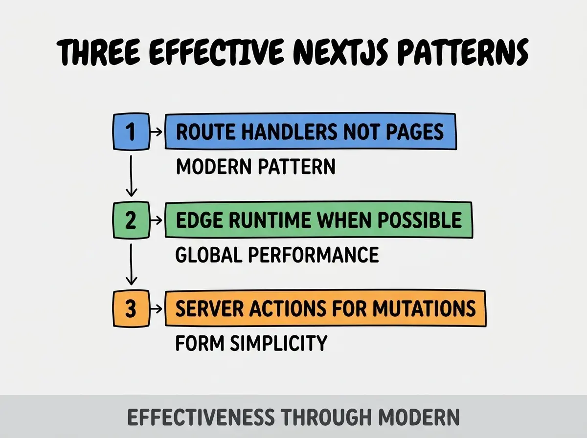 Clean modern flat infographic on light gray background. Top title bold black: THREE EFFECTIVE NEXTJS PATTERNS. Single vertical numbered list with three rows. Row 1 blue badge ROUTE HANDLERS NOT PAGES with subtitle MODERN PATTERN. Row 2 green badge EDGE RUNTIME WHEN POSSIBLE with subtitle GLOBAL PERFORMANCE. Row 3 orange badge SERVER ACTIONS FOR MUTATIONS with subtitle FORM SIMPLICITY. Footer text dark gray: EFFECTIVENESS THROUGH MODERN. Each label appears exactly once. No duplicated text.