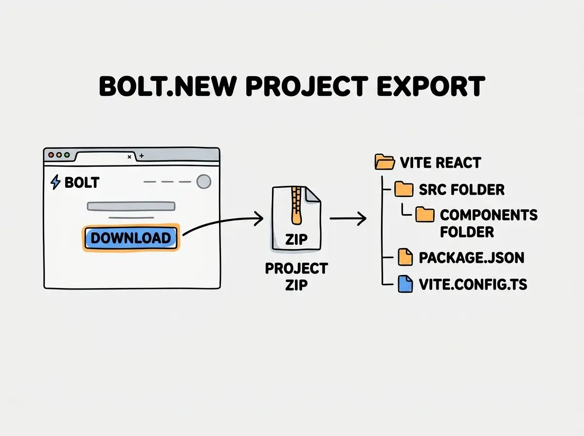 Explainer diagram showing a Bolt.new project export: on the left, the Bolt browser interface with a Download button highlighted, an arrow pointing to a zip file icon in the center, and on the right an expanded folder tree showing the typical Vite React project structure with src, components, package.json, and vite.config.ts labeled