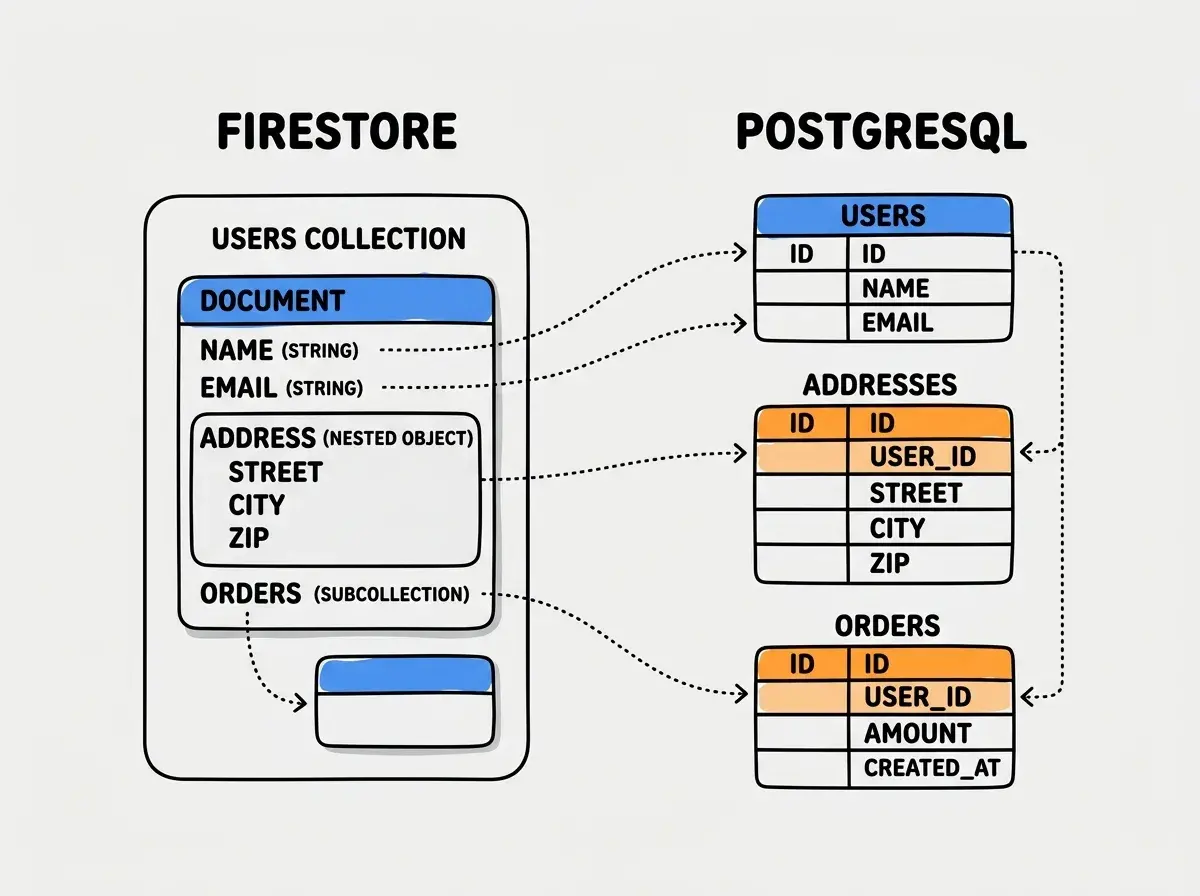 EXPLAINER DIAGRAM: A side-by-side comparison on white background. Left side labeled FIRESTORE shows a document structure: a rounded rectangle labeled users collection containing a document card with fields like name (string), email (string), address (nested object with street, city, zip), and orders (subcollection arrow pointing to a smaller collection box below). Right side labeled POSTGRESQL shows three connected table diagrams: a users table with columns id, name, email; an addresses table with columns id, user_id (with a foreign key arrow back to users), street, city, zip; and an orders table with columns id, user_id (with a foreign key arrow to users), amount, created_at. Dotted arrows connect corresponding elements across the two sides to show the mapping.