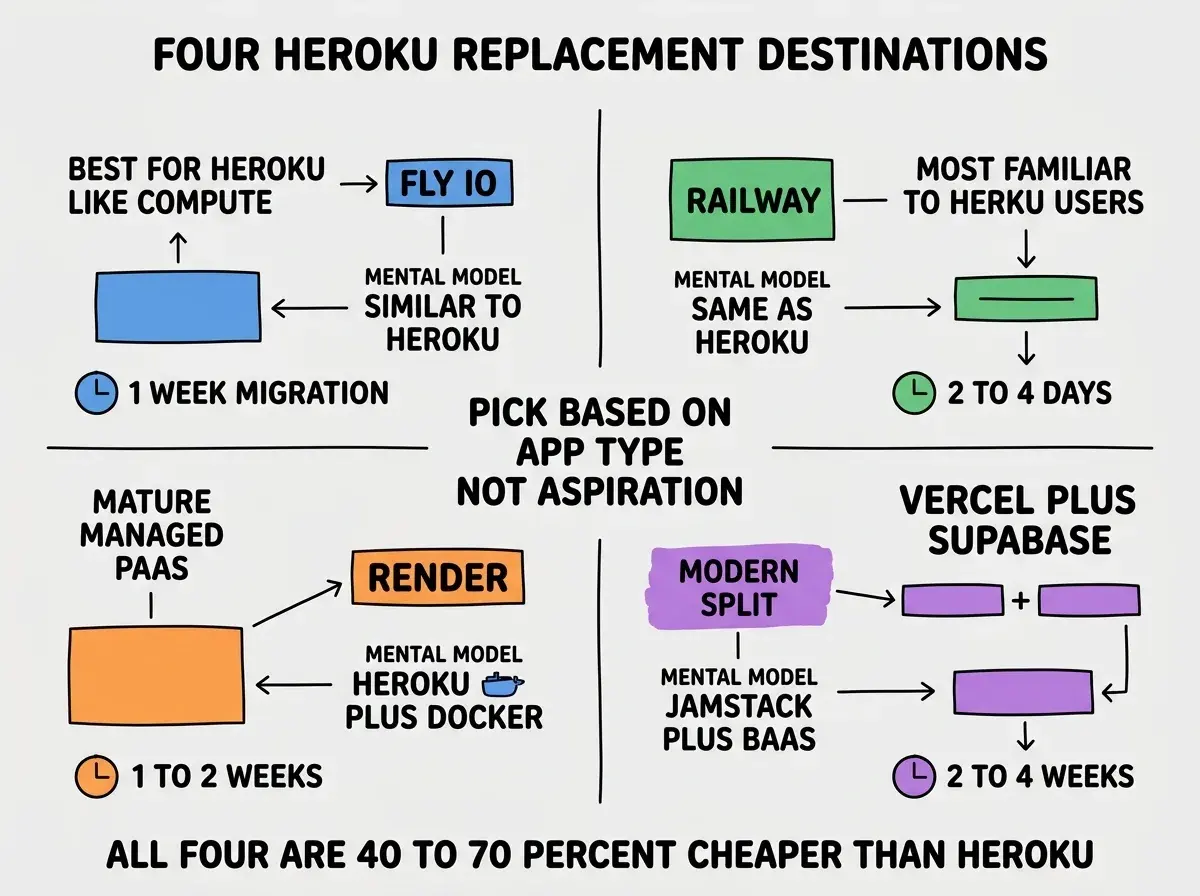 EXPLAINER DIAGRAM titled FOUR HEROKU REPLACEMENT DESTINATIONS shown as a 2x2 grid of quadrants on a slate background. Top left blue FLY IO sublabel BEST FOR HEROKU LIKE COMPUTE, mental model SIMILAR TO HEROKU, time 1 WEEK MIGRATION. Top right green RAILWAY sublabel MOST FAMILIAR TO HEROKU USERS, mental model SAME AS HEROKU, time 2 TO 4 DAYS. Bottom left orange RENDER sublabel MATURE MANAGED PAAS, mental model HEROKU PLUS DOCKER, time 1 TO 2 WEEKS. Bottom right purple VERCEL PLUS SUPABASE sublabel MODERN SPLIT, mental model JAMSTACK PLUS BAAS, time 2 TO 4 WEEKS. Center label reads PICK BASED ON APP TYPE NOT ASPIRATION. Footer reads ALL FOUR ARE 40 TO 70 PERCENT CHEAPER THAN HEROKU.