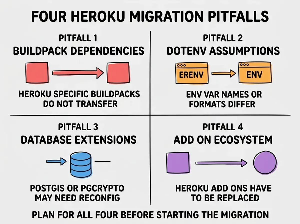 EXPLAINER DIAGRAM titled FOUR HEROKU MIGRATION PITFALLS shown as a 2x2 grid of quadrants on a slate background. Top left red PITFALL 1 BUILDPACK DEPENDENCIES sublabel HEROKU SPECIFIC BUILDPACKS DO NOT TRANSFER. Top right orange PITFALL 2 DOTENV ASSUMPTIONS sublabel ENV VAR NAMES OR FORMATS DIFFER. Bottom left blue PITFALL 3 DATABASE EXTENSIONS sublabel POSTGIS OR PGCRYPTO MAY NEED RECONFIG. Bottom right purple PITFALL 4 ADD ON ECOSYSTEM sublabel HEROKU ADD ONS HAVE TO BE REPLACED. Footer reads PLAN FOR ALL FOUR BEFORE STARTING THE MIGRATION.