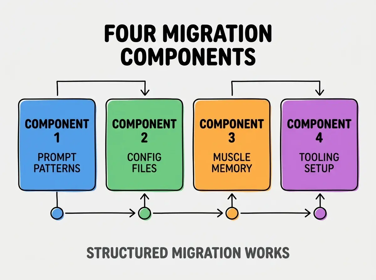 Clean modern flat infographic on light gray background. Top center bold black title text: FOUR MIGRATION COMPONENTS. Below title, four equal sized colored rounded rectangle cards arranged horizontally. Card 1 blue: large bold text COMPONENT 1 then smaller text PROMPT PATTERNS. Card 2 green: large bold text COMPONENT 2 then smaller text CONFIG FILES. Card 3 orange: large bold text COMPONENT 3 then smaller text MUSCLE MEMORY. Card 4 purple: large bold text COMPONENT 4 then smaller text TOOLING SETUP. Single footer line below cards in dark gray text: STRUCTURED MIGRATION WORKS. Nothing else on canvas. No text outside cards or below cards.