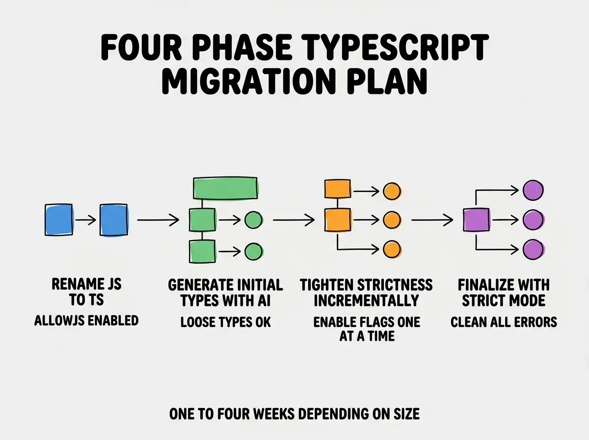 EXPLAINER DIAGRAM titled FOUR PHASE TYPESCRIPT MIGRATION PLAN shown as a horizontal four-stage pipeline on a slate background. Stage 1 colored blue RENAME JS TO TS sublabel ALLOWJS ENABLED. Stage 2 colored green GENERATE INITIAL TYPES WITH AI sublabel LOOSE TYPES OK. Stage 3 colored orange TIGHTEN STRICTNESS INCREMENTALLY sublabel ENABLE FLAGS ONE AT A TIME. Stage 4 colored purple FINALIZE WITH STRICT MODE sublabel CLEAN ALL ERRORS. Footer reads ONE TO FOUR WEEKS DEPENDING ON SIZE.