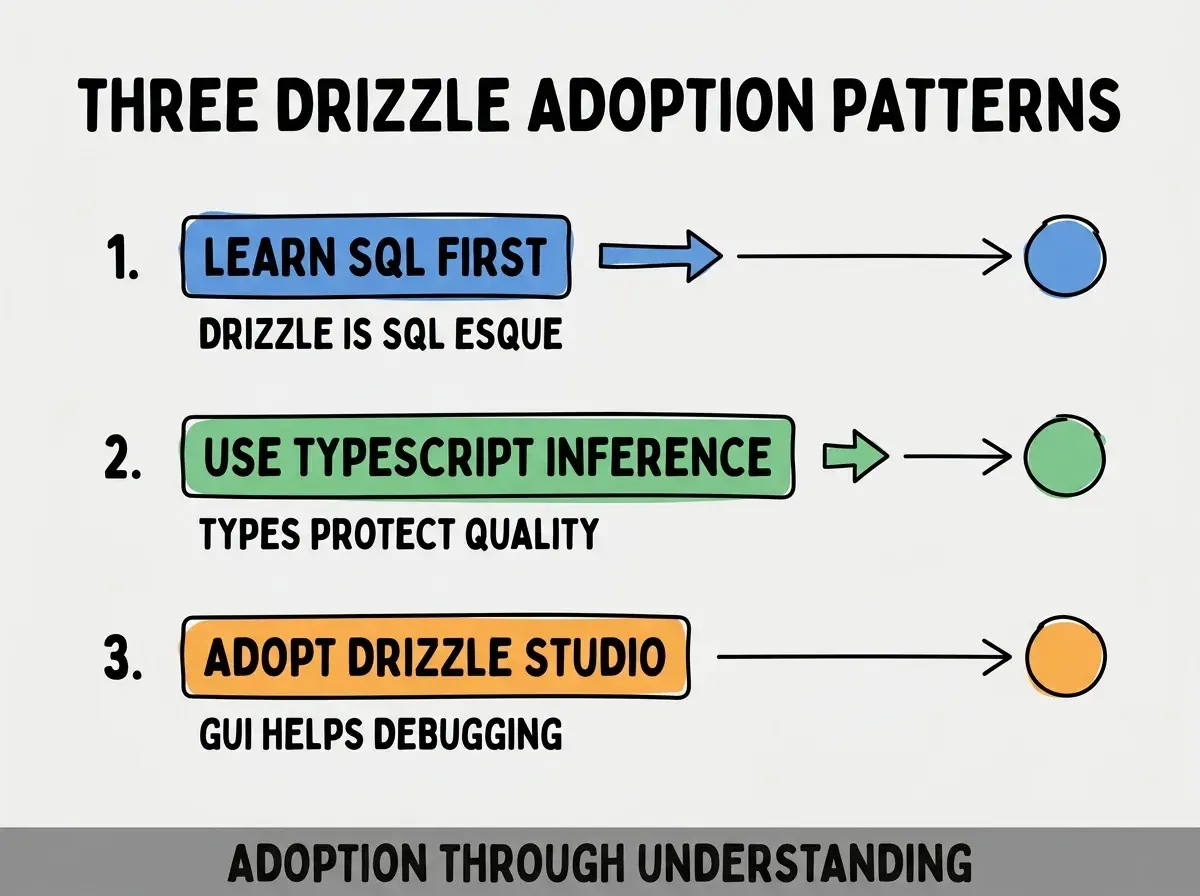 Clean modern flat infographic on light gray background. Top title bold black: THREE DRIZZLE ADOPTION PATTERNS. Single vertical numbered list with three rows. Row 1 blue badge LEARN SQL FIRST with subtitle DRIZZLE IS SQL ESQUE. Row 2 green badge USE TYPESCRIPT INFERENCE with subtitle TYPES PROTECT QUALITY. Row 3 orange badge ADOPT DRIZZLE STUDIO with subtitle GUI HELPS DEBUGGING. Footer text dark gray: ADOPTION THROUGH UNDERSTANDING. Each label appears exactly once. No duplicated text.