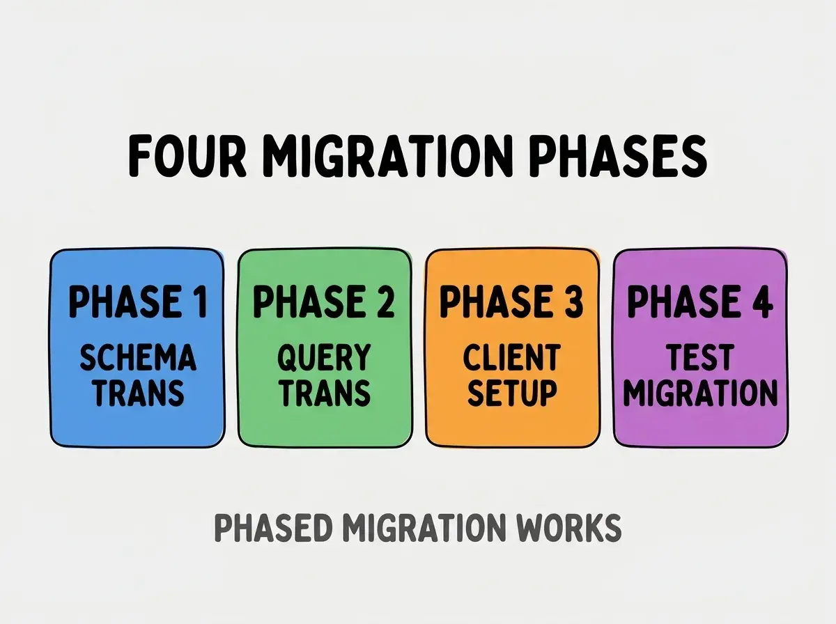 Clean modern flat infographic on light gray background. Top center bold black title text: FOUR MIGRATION PHASES. Below title, four equal sized colored rounded rectangle cards arranged horizontally. Card 1 blue: large bold text PHASE 1 then smaller text SCHEMA TRANS. Card 2 green: large bold text PHASE 2 then smaller text QUERY TRANS. Card 3 orange: large bold text PHASE 3 then smaller text CLIENT SETUP. Card 4 purple: large bold text PHASE 4 then smaller text TEST MIGRATION. Single footer line below cards in dark gray text: PHASED MIGRATION WORKS. Nothing else on canvas. No text outside cards or below cards.