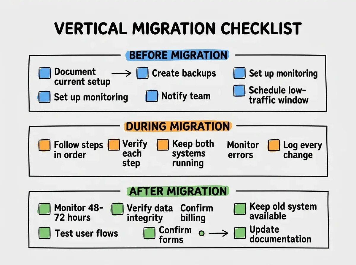 EXPLAINER DIAGRAM: A vertical checklist graphic on white background divided into three sections. Section 1 labeled BEFORE MIGRATION in blue has six checkbox items: Document current setup, Create backups, Set up monitoring, Write rollback plan, Notify team, Schedule low-traffic window. Section 2 labeled DURING MIGRATION in orange has five checkbox items: Follow steps in order, Verify each step, Keep both systems running, Monitor errors, Log every change. Section 3 labeled AFTER MIGRATION in green has six checkbox items: Monitor 48-72 hours, Verify data integrity, Confirm billing, Test user flows, Keep old system available, Update documentation. Each section is separated by a horizontal divider line.