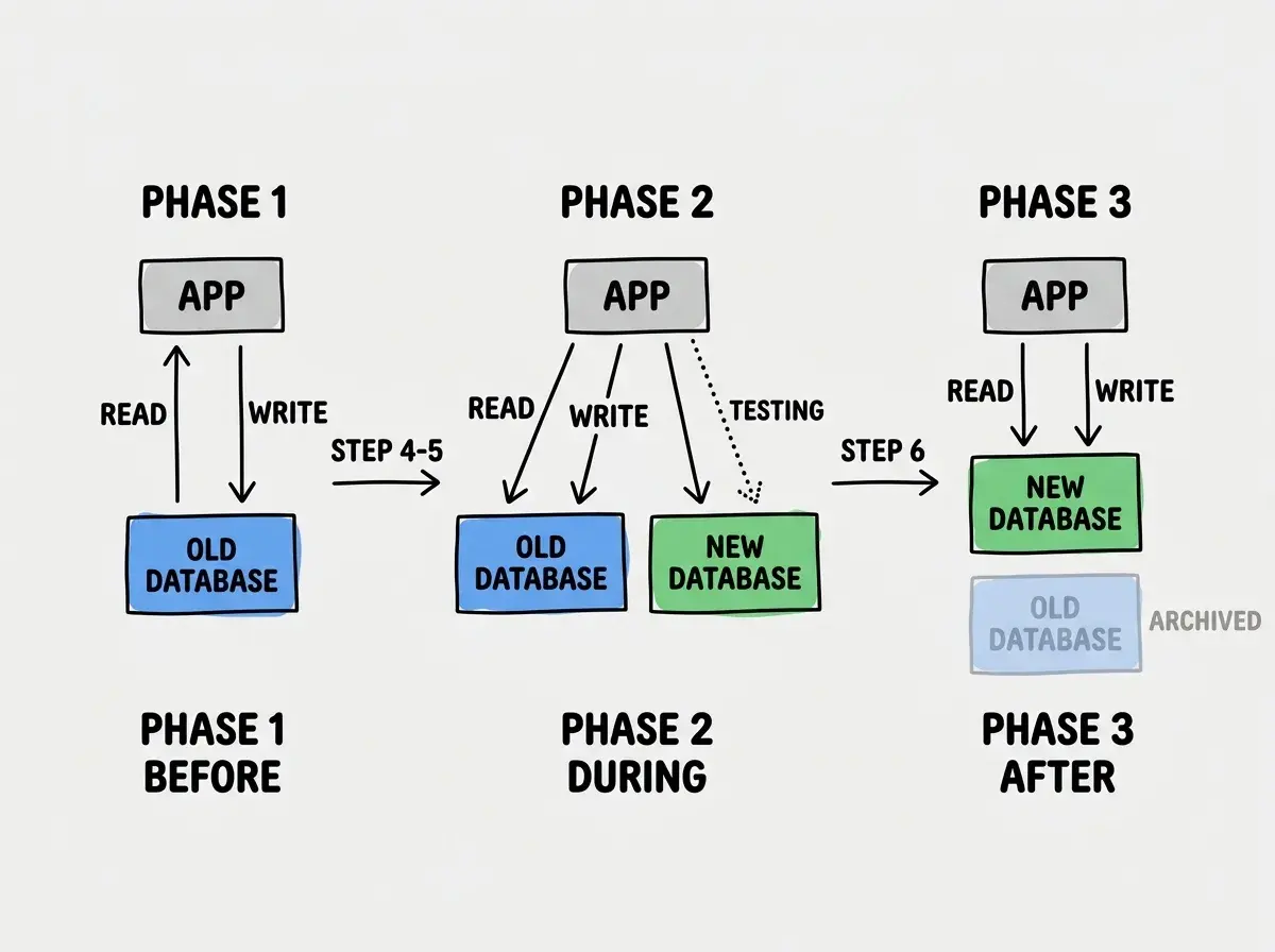 EXPLAINER DIAGRAM: A three-phase timeline on white background showing database migration. Phase 1 labeled BEFORE on the left shows a blue rectangle for OLD DATABASE with arrows labeled READ and WRITE coming from a gray APP box above. Phase 2 labeled DURING in the center shows the APP box with WRITE arrows going to both OLD DATABASE in blue and NEW DATABASE in green, and a READ arrow going only to OLD DATABASE. A dotted READ arrow to NEW DATABASE is labeled TESTING. Phase 3 labeled AFTER on the right shows the APP box with READ and WRITE arrows going only to NEW DATABASE in green. OLD DATABASE in blue is shown faded with a label ARCHIVED. Between phases, arrows labeled STEP 4-5 and STEP 6 indicate the transition points.