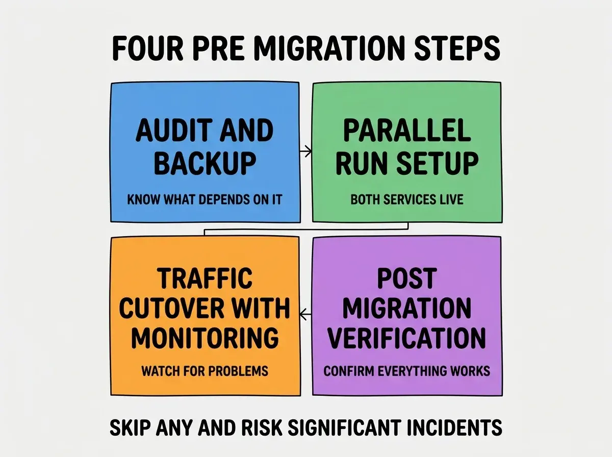 EXPLAINER DIAGRAM titled FOUR PRE MIGRATION STEPS shown as a 2x2 grid of quadrants on a slate background. Top left blue AUDIT AND BACKUP sublabel KNOW WHAT DEPENDS ON IT. Top right green PARALLEL RUN SETUP sublabel BOTH SERVICES LIVE. Bottom left orange TRAFFIC CUTOVER WITH MONITORING sublabel WATCH FOR PROBLEMS. Bottom right purple POST MIGRATION VERIFICATION sublabel CONFIRM EVERYTHING WORKS. Center label reads ALL FOUR STEPS PROTECT THE MIGRATION. Footer reads SKIP ANY AND RISK SIGNIFICANT INCIDENTS.