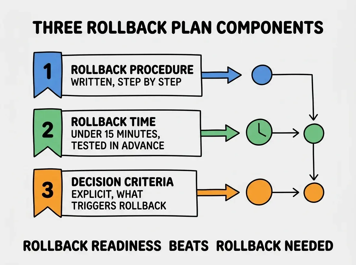 EXPLAINER DIAGRAM titled THREE ROLLBACK PLAN COMPONENTS shown as a vertical numbered list on a slate background. Three rows. Row 1 blue badge ROLLBACK PROCEDURE WRITTEN sublabel STEP BY STEP. Row 2 green badge ROLLBACK TIME UNDER 15 MINUTES sublabel TESTED IN ADVANCE. Row 3 orange badge DECISION CRITERIA EXPLICIT sublabel WHAT TRIGGERS ROLLBACK. Footer reads ROLLBACK READINESS BEATS ROLLBACK NEEDED.