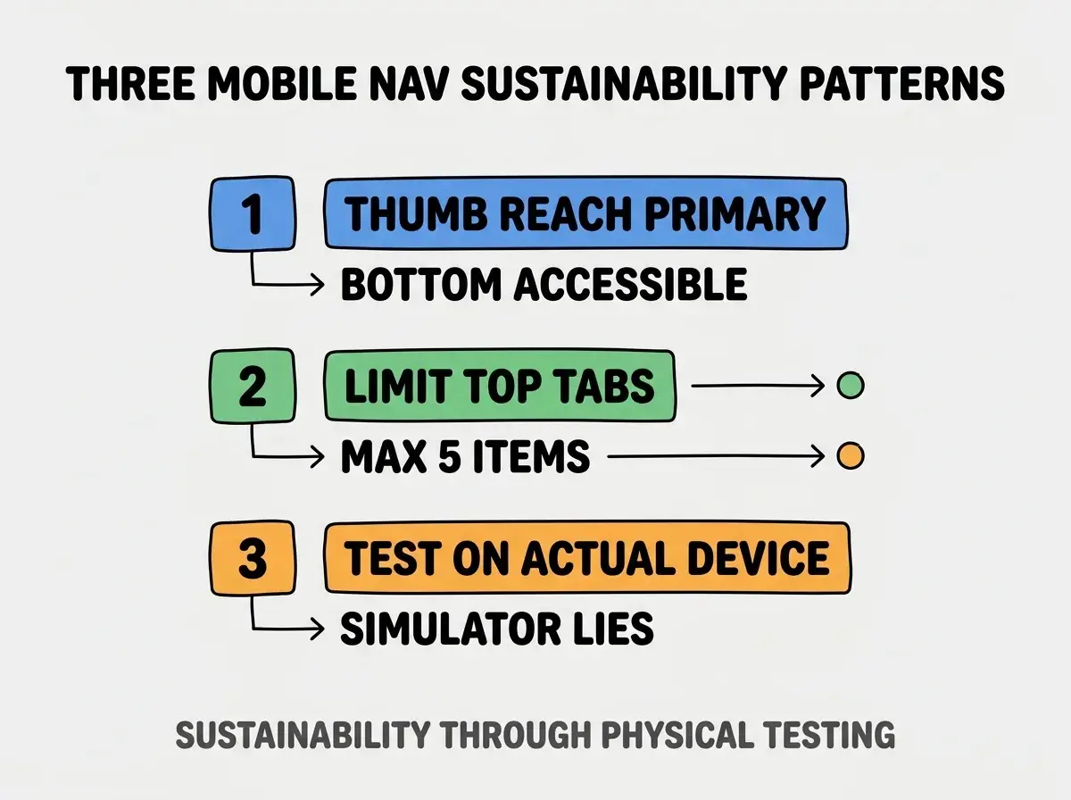 Clean modern flat infographic on light gray background. Top title bold black: THREE MOBILE NAV SUSTAINABILITY PATTERNS. Single vertical numbered list with three rows. Row 1 blue badge THUMB REACH PRIMARY with subtitle BOTTOM ACCESSIBLE. Row 2 green badge LIMIT TOP TABS with subtitle MAX 5 ITEMS. Row 3 orange badge TEST ON ACTUAL DEVICE with subtitle SIMULATOR LIES. Footer text dark gray: SUSTAINABILITY THROUGH PHYSICAL TESTING. Each label appears exactly once. No duplicated text.