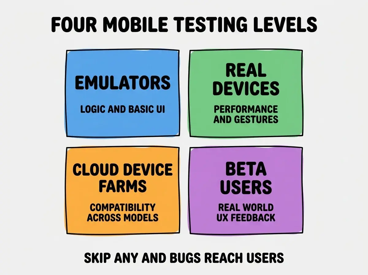 EXPLAINER DIAGRAM titled FOUR MOBILE TESTING LEVELS shown as a 2x2 grid of quadrants on a slate background. Top left blue EMULATORS sublabel LOGIC AND BASIC UI. Top right green REAL DEVICES sublabel PERFORMANCE AND GESTURES. Bottom left orange CLOUD DEVICE FARMS sublabel COMPATIBILITY ACROSS MODELS. Bottom right purple BETA USERS sublabel REAL WORLD UX FEEDBACK. Center label reads ALL FOUR CATCH DIFFERENT BUG CLASSES. Footer reads SKIP ANY AND BUGS REACH USERS.