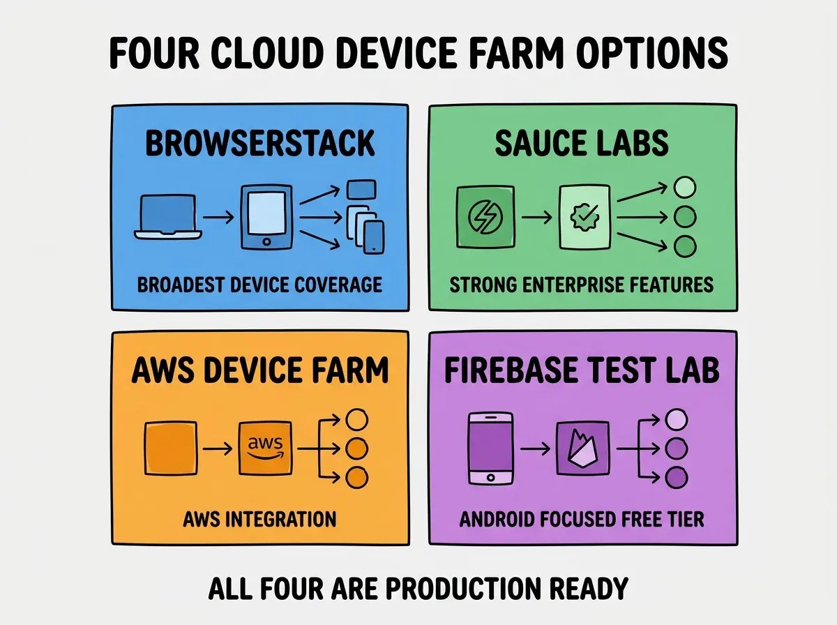 EXPLAINER DIAGRAM titled FOUR CLOUD DEVICE FARM OPTIONS shown as a 2x2 grid of quadrants on a slate background. Top left blue BROWSERSTACK sublabel BROADEST DEVICE COVERAGE. Top right green SAUCE LABS sublabel STRONG ENTERPRISE FEATURES. Bottom left orange AWS DEVICE FARM sublabel AWS INTEGRATION. Bottom right purple FIREBASE TEST LAB sublabel ANDROID FOCUSED FREE TIER. Center label reads PICK BY TEAM AND BUDGET. Footer reads ALL FOUR ARE PRODUCTION READY.