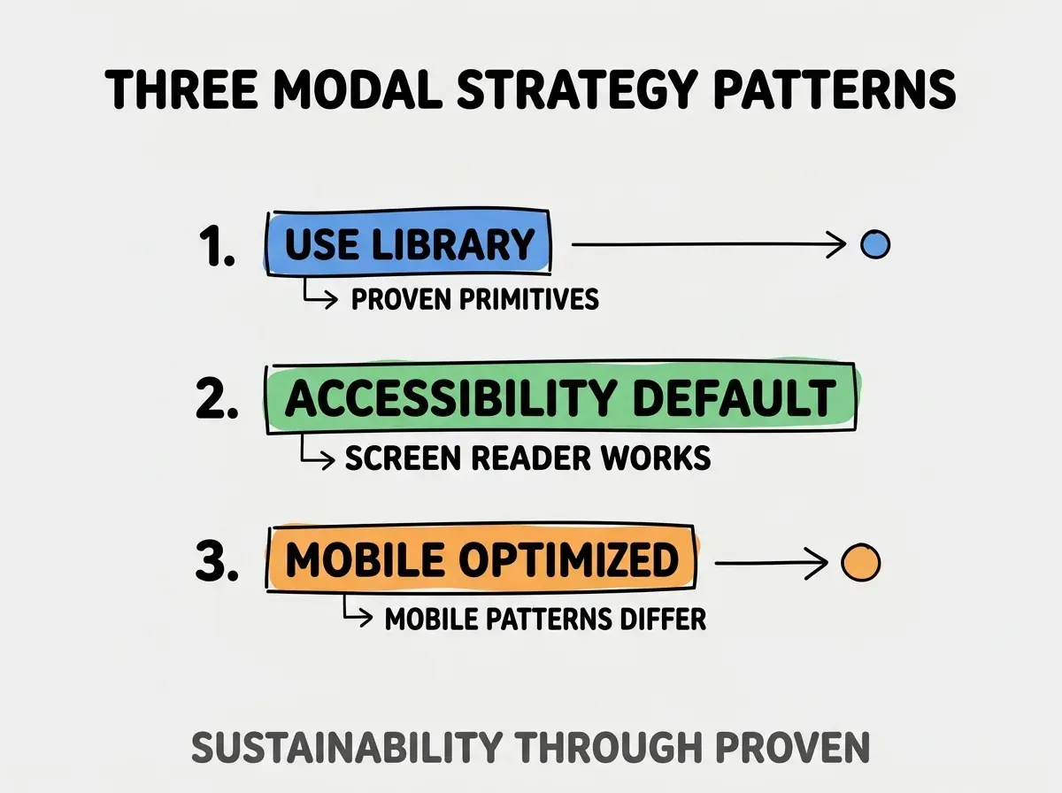 Clean modern flat infographic on light gray background. Top title bold black: THREE MODAL STRATEGY PATTERNS. Single vertical numbered list with three rows. Row 1 blue badge USE LIBRARY with subtitle PROVEN PRIMITIVES. Row 2 green badge ACCESSIBILITY DEFAULT with subtitle SCREEN READER WORKS. Row 3 orange badge MOBILE OPTIMIZED with subtitle MOBILE PATTERNS DIFFER. Footer text dark gray: SUSTAINABILITY THROUGH PROVEN. Each label appears exactly once. No duplicated text.