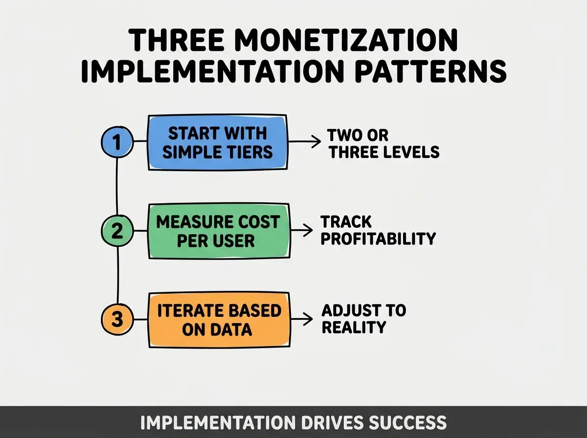Clean modern flat infographic on light gray background. Top title bold black: THREE MONETIZATION IMPLEMENTATION PATTERNS. Single vertical numbered list with three rows. Row 1 blue badge START WITH SIMPLE TIERS with subtitle TWO OR THREE LEVELS. Row 2 green badge MEASURE COST PER USER with subtitle TRACK PROFITABILITY. Row 3 orange badge ITERATE BASED ON DATA with subtitle ADJUST TO REALITY. Footer text dark gray: IMPLEMENTATION DRIVES SUCCESS. Each label appears exactly once. No duplicated text.