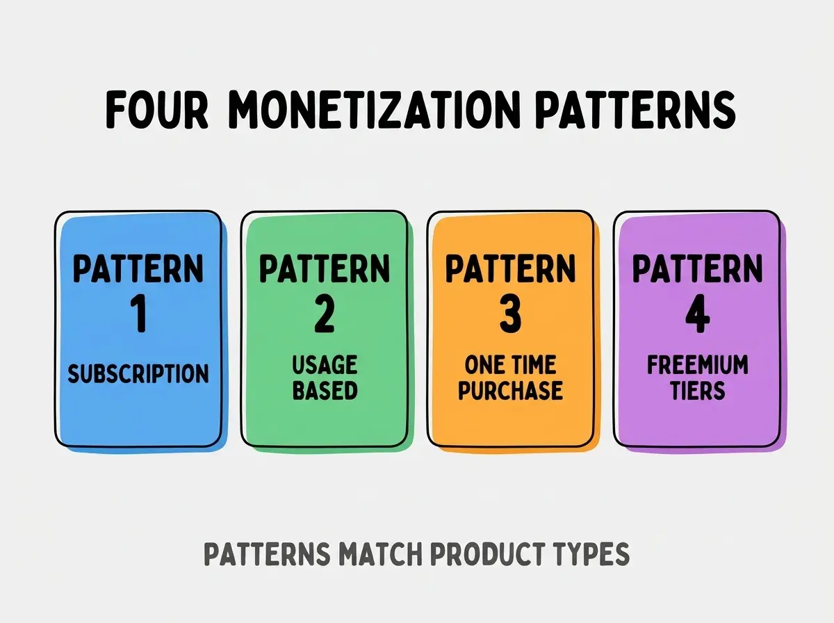 Clean modern flat infographic on light gray background. Top center bold black title text: FOUR MONETIZATION PATTERNS. Below title, four equal sized colored rounded rectangle cards arranged horizontally. Card 1 blue: large bold text PATTERN 1 then smaller text SUBSCRIPTION. Card 2 green: large bold text PATTERN 2 then smaller text USAGE BASED. Card 3 orange: large bold text PATTERN 3 then smaller text ONE TIME PURCHASE. Card 4 purple: large bold text PATTERN 4 then smaller text FREEMIUM TIERS. Single footer line below cards in dark gray text: PATTERNS MATCH PRODUCT TYPES. Nothing else on canvas. No text outside cards or below cards.