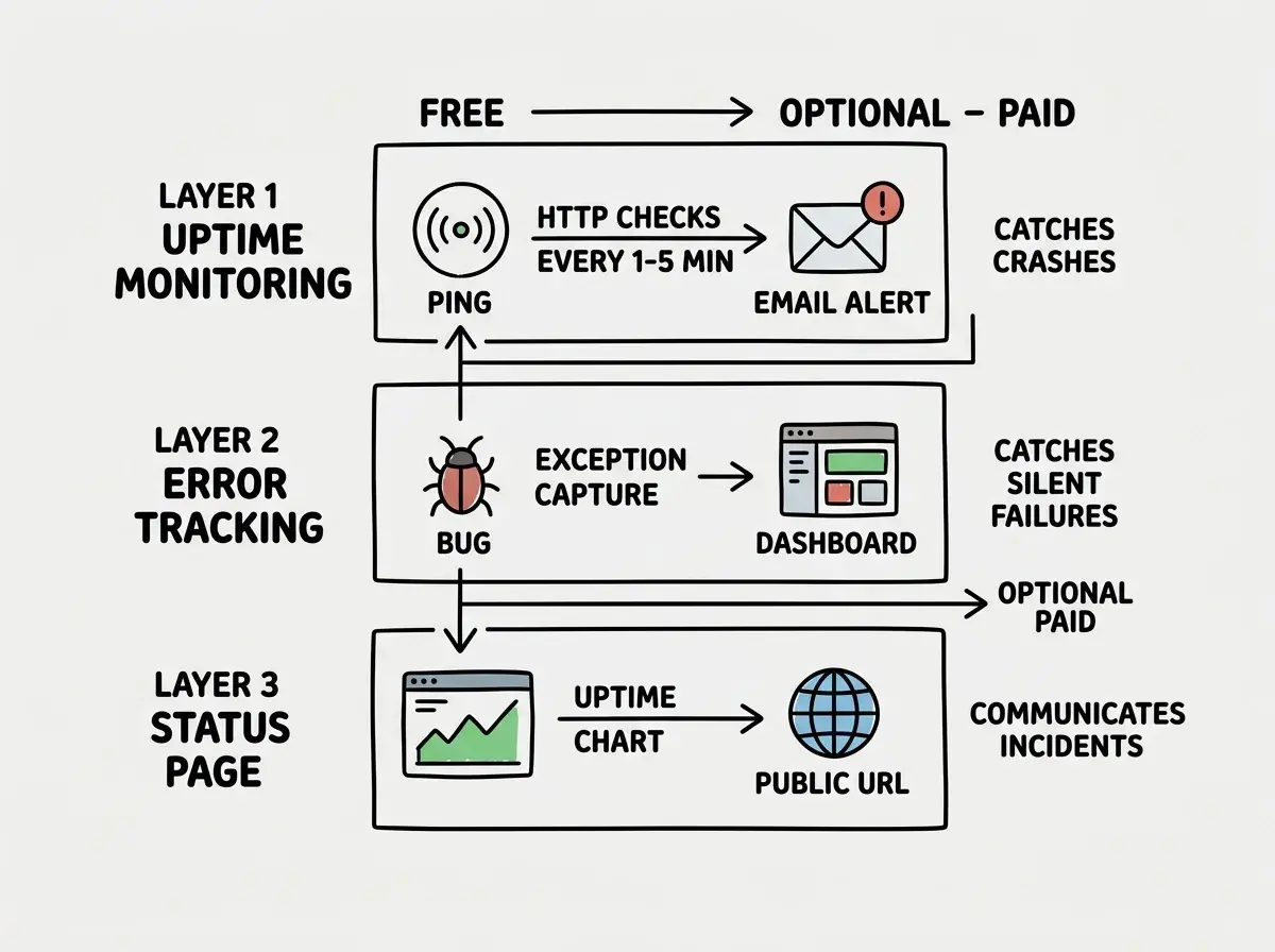 EXPLAINER DIAGRAM: Three stacked horizontal layers labeled from top to bottom: LAYER 1 UPTIME MONITORING with a ping icon showing HTTP checks every 1-5 minutes and an email alert icon; LAYER 2 ERROR TRACKING with a bug icon showing exception capture and a dashboard with recent errors listed; LAYER 3 STATUS PAGE with a browser icon showing a green uptime chart and a public URL. Arrows on the right side show escalating cost from FREE at Layer 1 to OPTIONAL PAID at Layer 3. Each layer has a brief note: Layer 1 catches crashes, Layer 2 catches silent failures, Layer 3 communicates incidents.