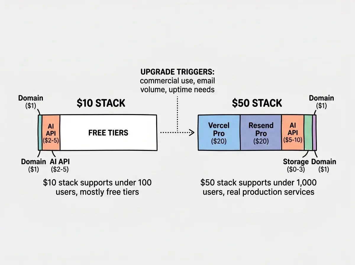 EXPLAINER DIAGRAM: A horizontal bar chart comparing the $10 and $50 monthly stacks side by side. The left bar is labeled $10 STACK and is divided into thin colored segments for Domain ($1) and AI API ($2-5), with a large FREE TIERS segment filling most of the bar. The right bar is labeled $50 STACK and is divided into segments for Vercel Pro ($20), Resend Pro ($20), AI API ($5-10), Storage ($0-3), and Domain ($1). Below each bar a caption reads: $10 stack supports under 100 users, mostly free tiers and $50 stack supports under 1,000 users, real production services. A dotted arrow connects the two bars labeled UPGRADE TRIGGERS: commercial use, email volume, uptime needs.