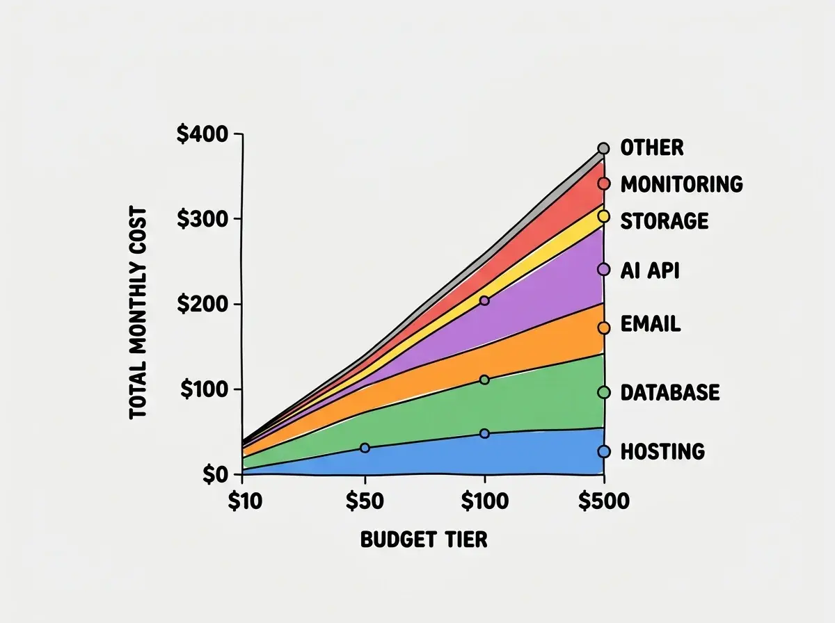 EXPLAINER DIAGRAM: A stacked area chart showing monthly cost composition across four budget tiers on the X-axis ($10, $50, $100, $500) and total monthly cost on the Y-axis ($0 to $400). Each area is color-coded and labeled: Hosting (blue) grows from $0 to $50, Database (green) grows from $0 to $65, Email (orange) grows from $0 to $40, AI API (purple) grows from $3 to $75, Storage (yellow) grows from $0 to $15, Monitoring (red) grows from $0 to $46, and Other (gray) stays thin across all tiers. The chart clearly shows that Hosting and Database are the largest cost segments at higher tiers, while AI API is the fastest-growing segment proportionally.