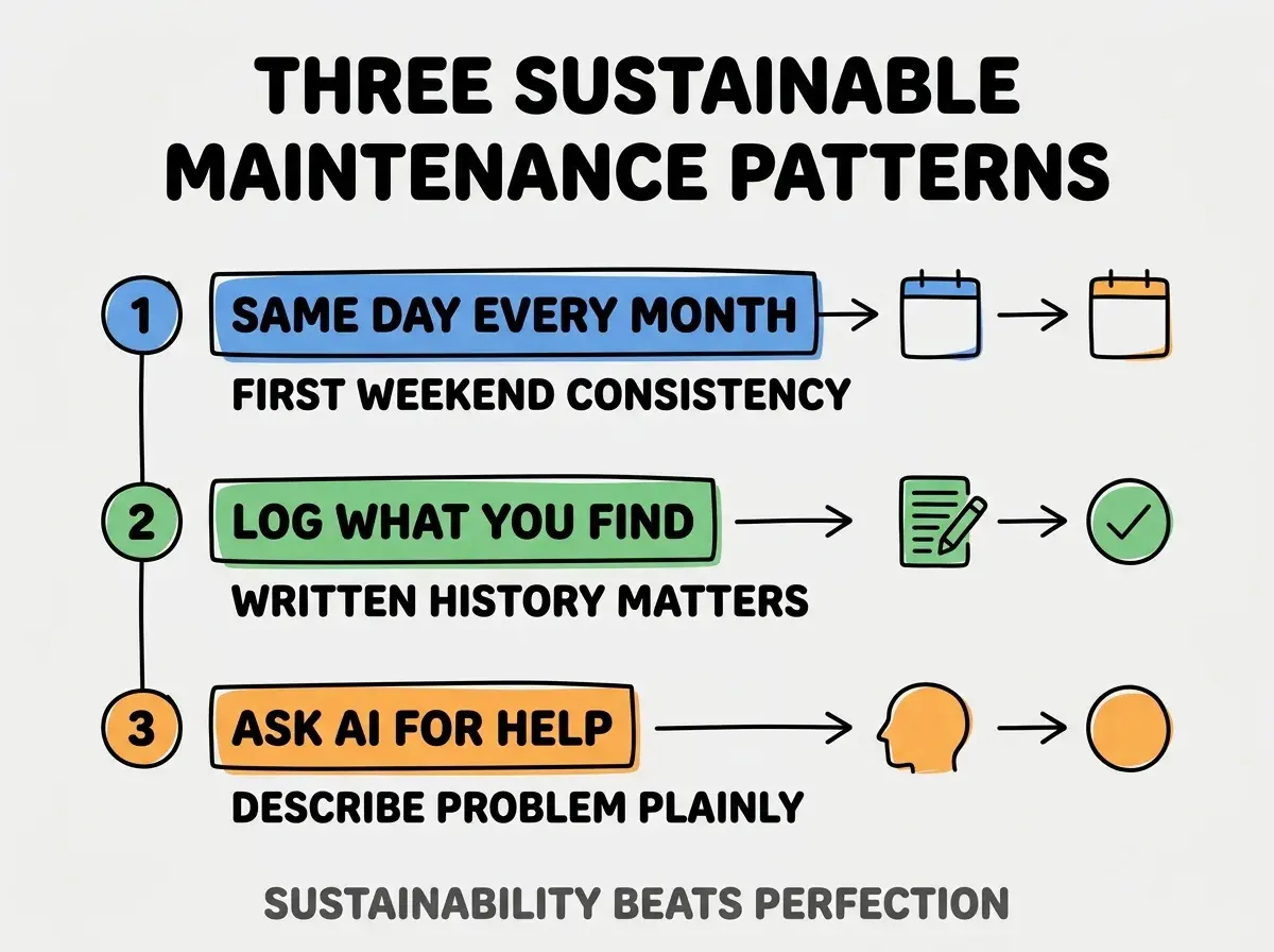 Clean modern flat infographic on light gray background. Top title bold black: THREE SUSTAINABLE MAINTENANCE PATTERNS. Single vertical numbered list with three rows. Row 1 blue badge SAME DAY EVERY MONTH with subtitle FIRST WEEKEND CONSISTENCY. Row 2 green badge LOG WHAT YOU FIND with subtitle WRITTEN HISTORY MATTERS. Row 3 orange badge ASK AI FOR HELP with subtitle DESCRIBE PROBLEM PLAINLY. Footer text dark gray: SUSTAINABILITY BEATS PERFECTION. Each label appears exactly once. No duplicated text.